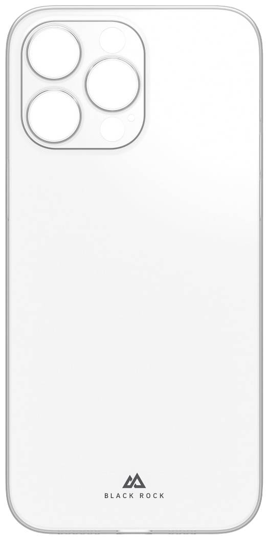 Transparente Handyhülle mit drei runden Aussparungen für Kameraobjektive, Markenlogo 'BLACK ROCK' unten aufgedruckt.