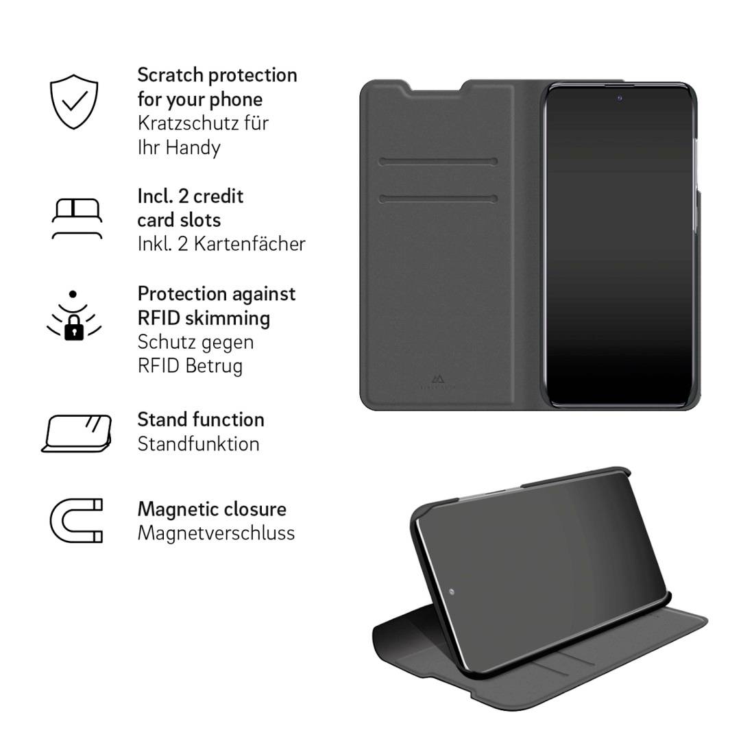 Handytasche mit Kratzschutz und RFID-Schutzfunktion. Enthält zwei Kartenfächer, Standfunktion und Magnetverschluss.