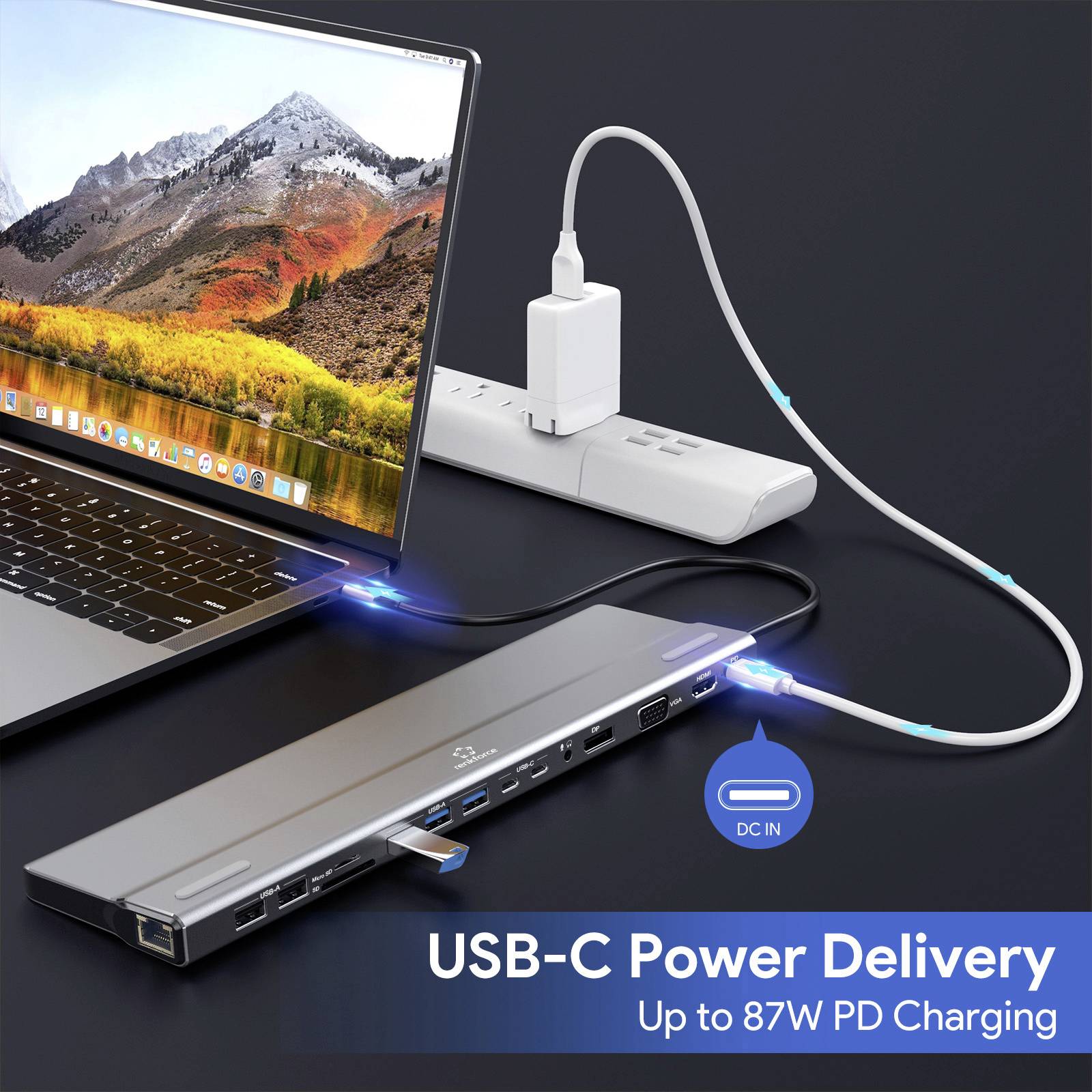Ein Laptop ist über ein USB-C-Dock mit Stromnetz verbunden. Das Dock bietet mehrere Anschlussmöglichkeiten und unterstützt 87W PD-Aufladung.
