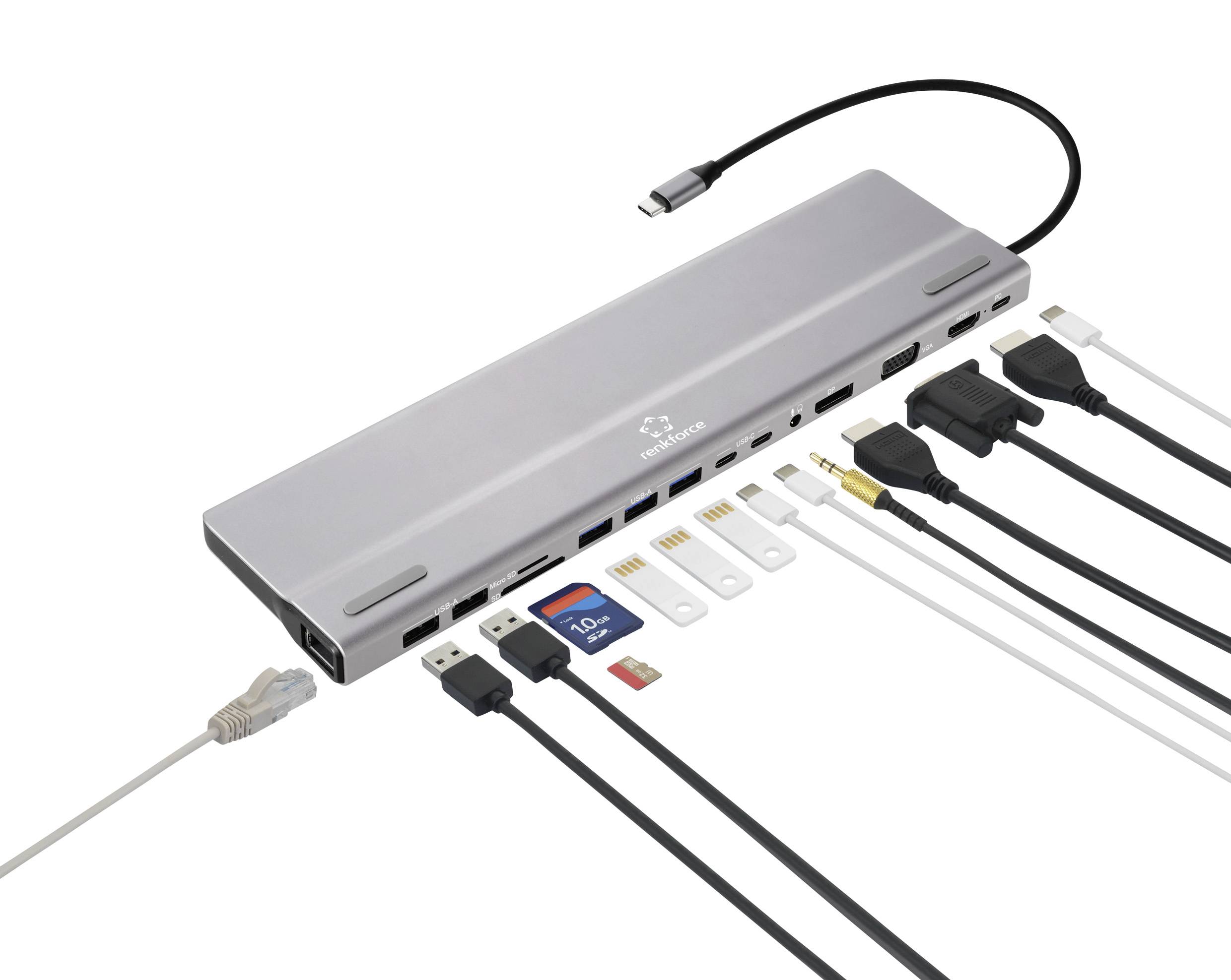 Ein silberner USB-C-Hub mit mehreren Anschlüssen, darunter USB, HDMI und Ethernet. Verschiedene Kabel sind eingesteckt.