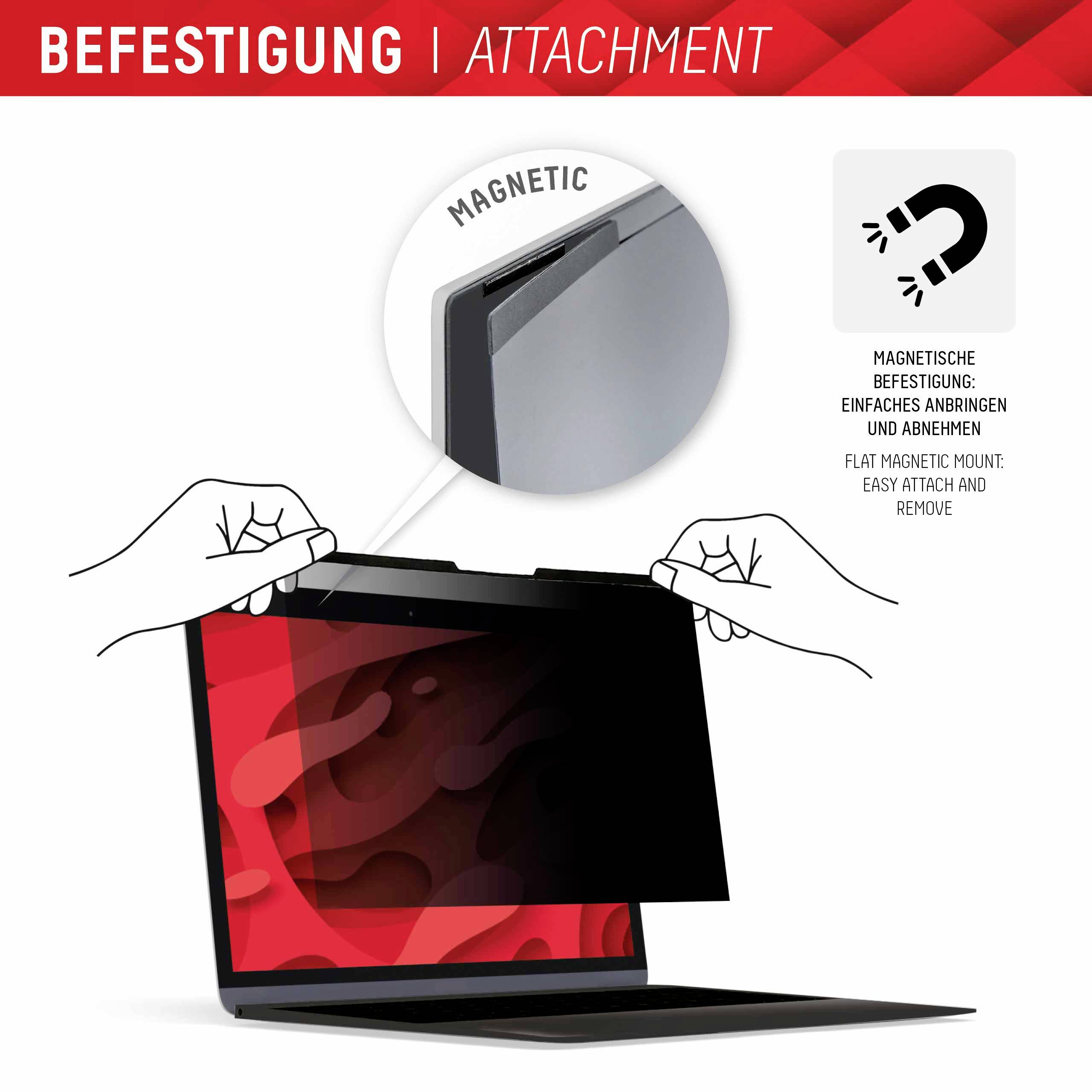 Ein Laptop mit einem Display-Sichtschutz, der magnetisch angebracht wird. Der Schutz ist leicht anzubringen und abzunehmen.