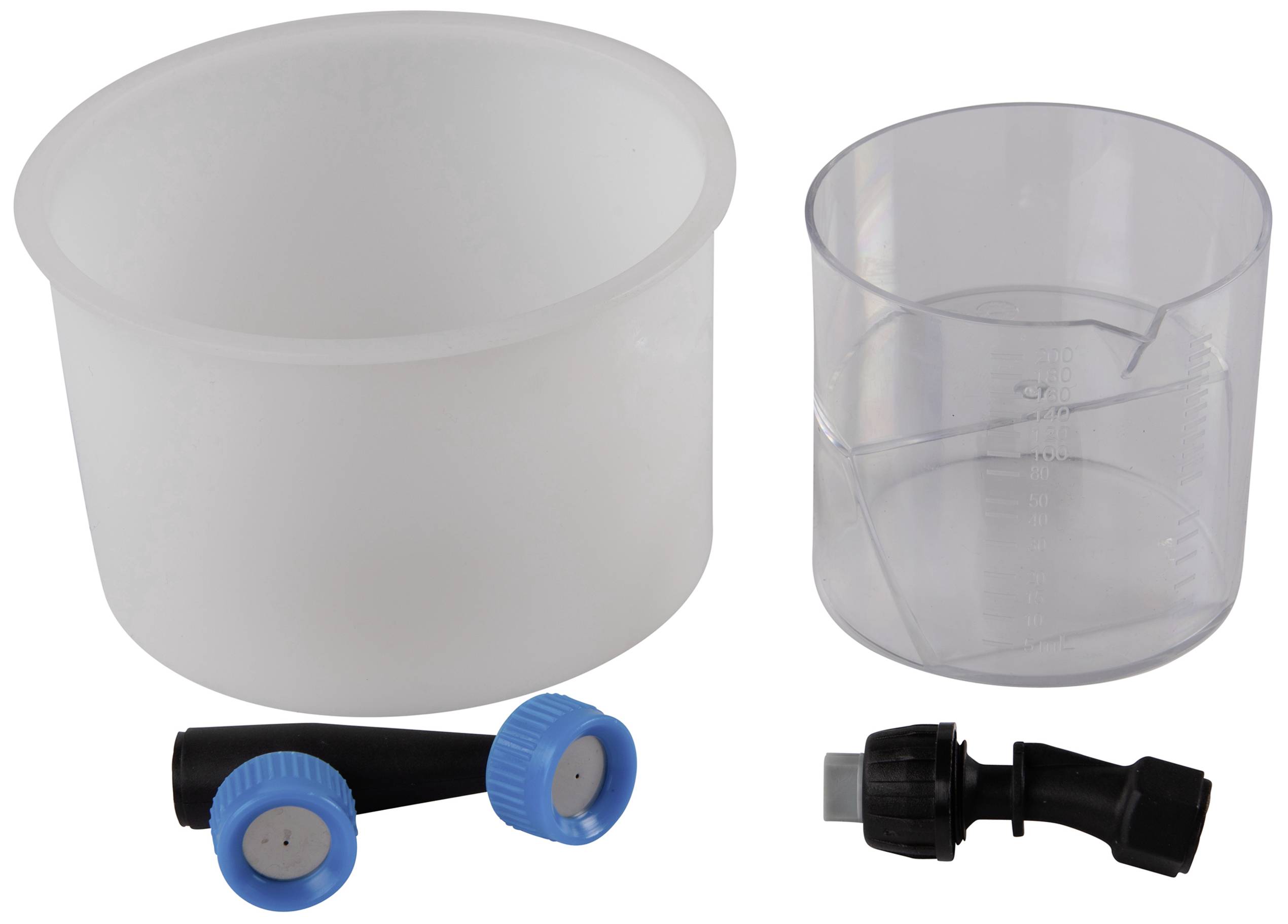 Messbecher-Set mit zwei transparenten Behältern in unterschiedlichen Größen und zwei schwarzen Düsen mit blauen Ringen.