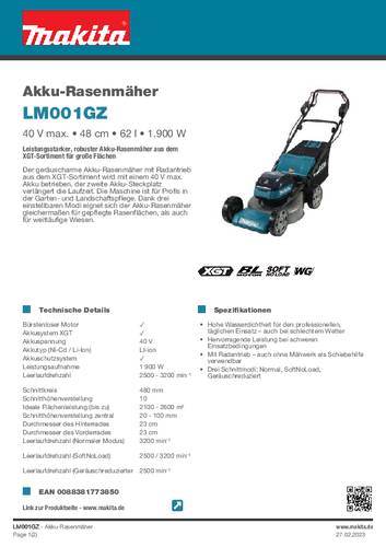 Makita LM001GZ Akku Rasenmäher ohne Akku 1900W 40V Schnittbreite (max.) 48cm  - Onlineshop Voelkner