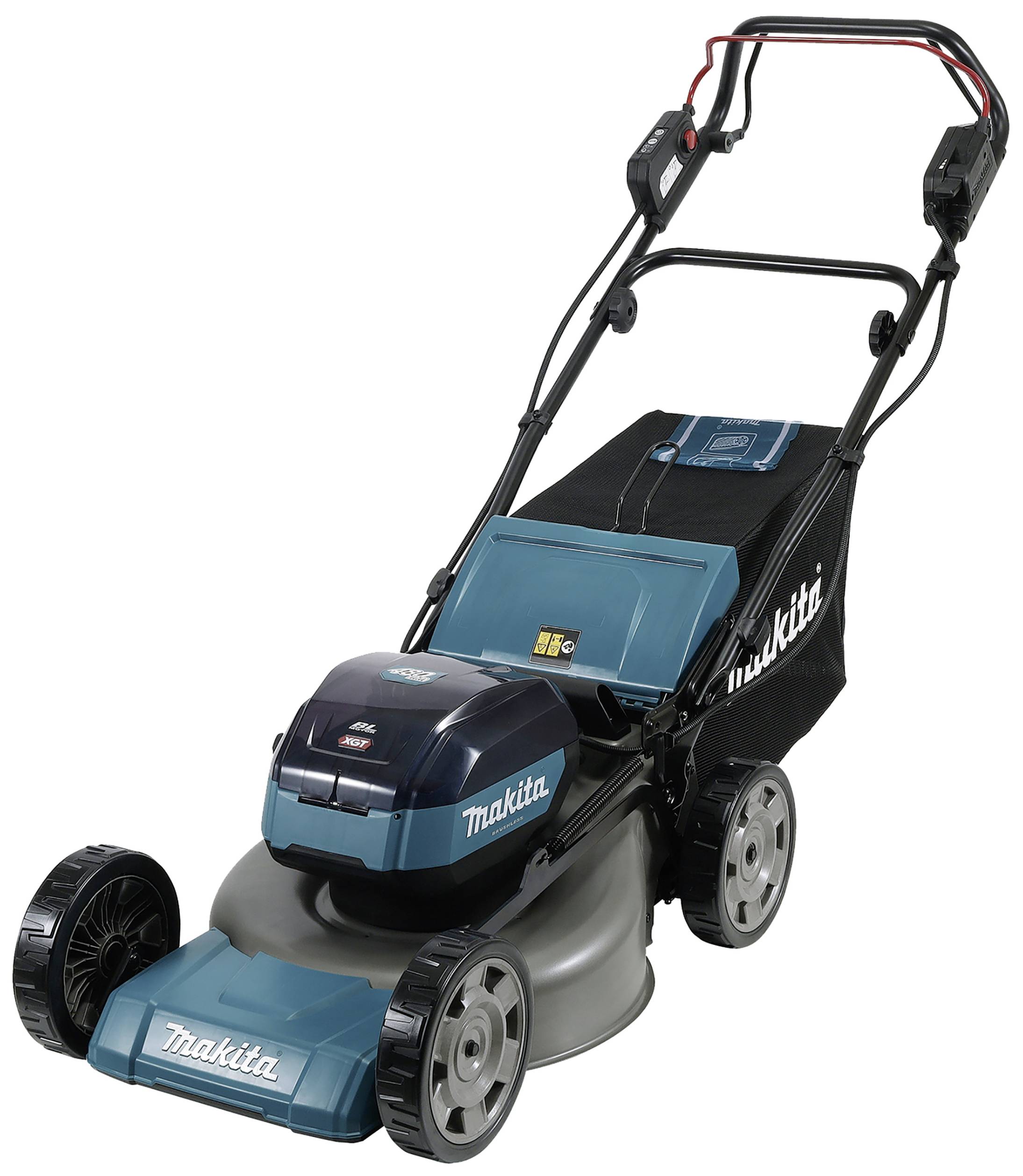 Ein blauer und schwarzer Rasenmäher mit Elektroantrieb. Der Mäher hat einen großen Fangkorb hinten und robuste Räder.