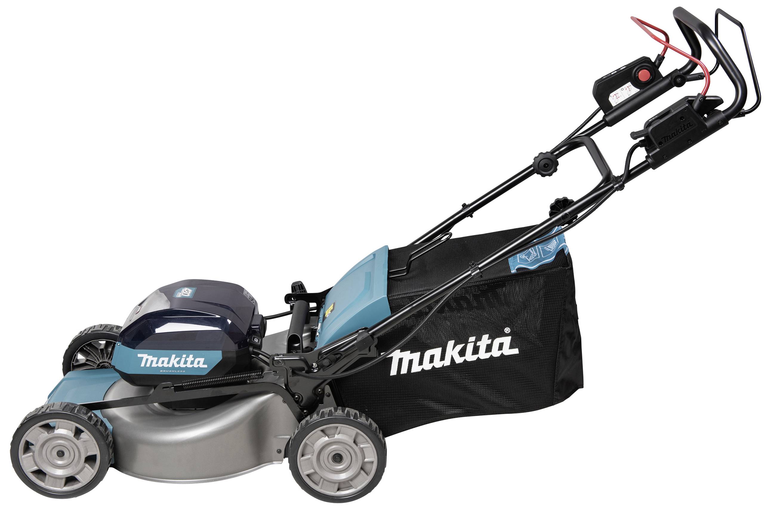 Ein blauer und schwarzer Rasenmäher der Marke Makita mit einem Fangkorb, geeignet für den Einsatz in mittelgroßen Gärten.