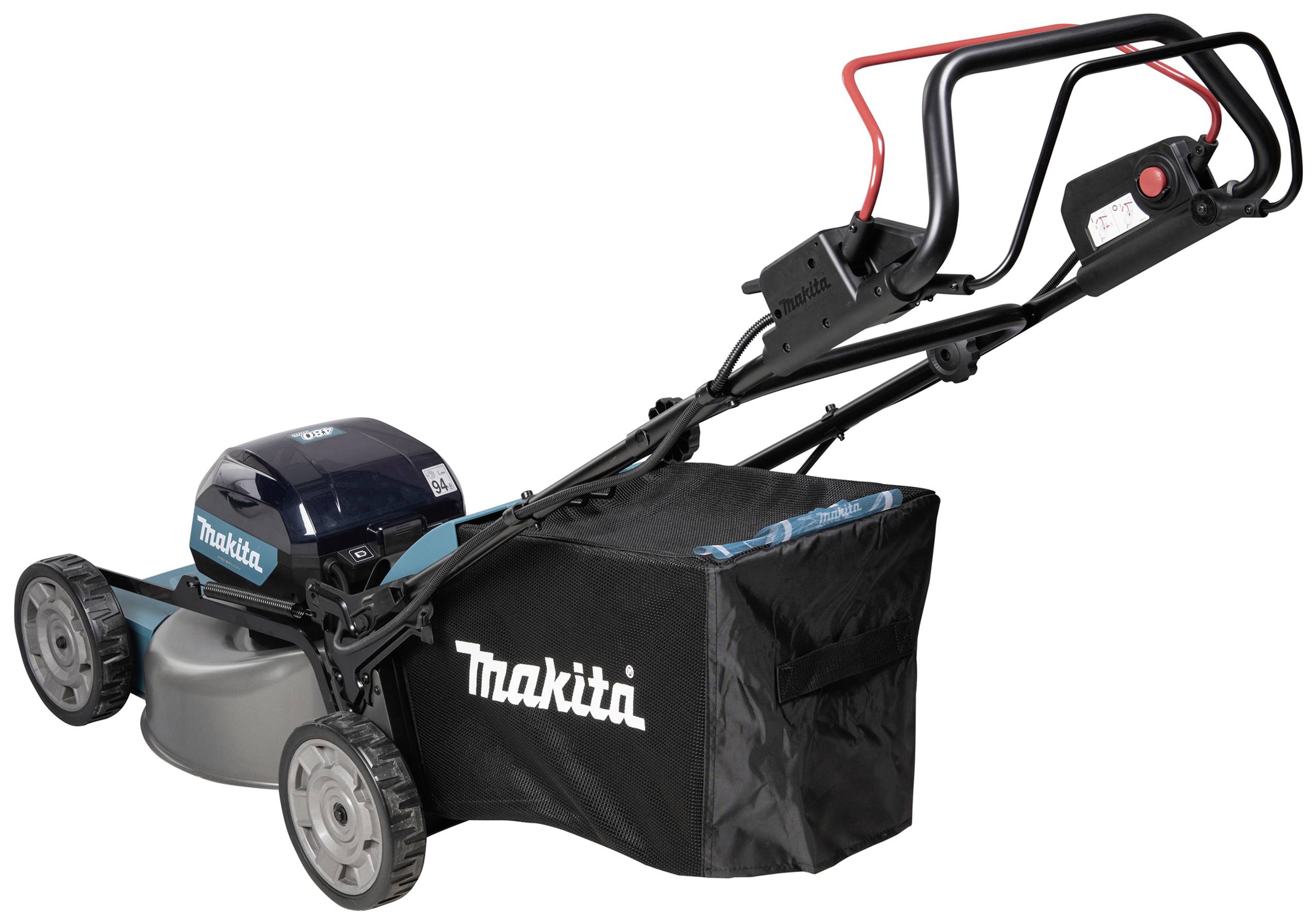Ein elektrischer Rasenmäher mit Fangkorb, schwarz-blau, auf vier Rädern. Marke 'Makita'. Geeignet für mittelgroße Rasenflächen.
