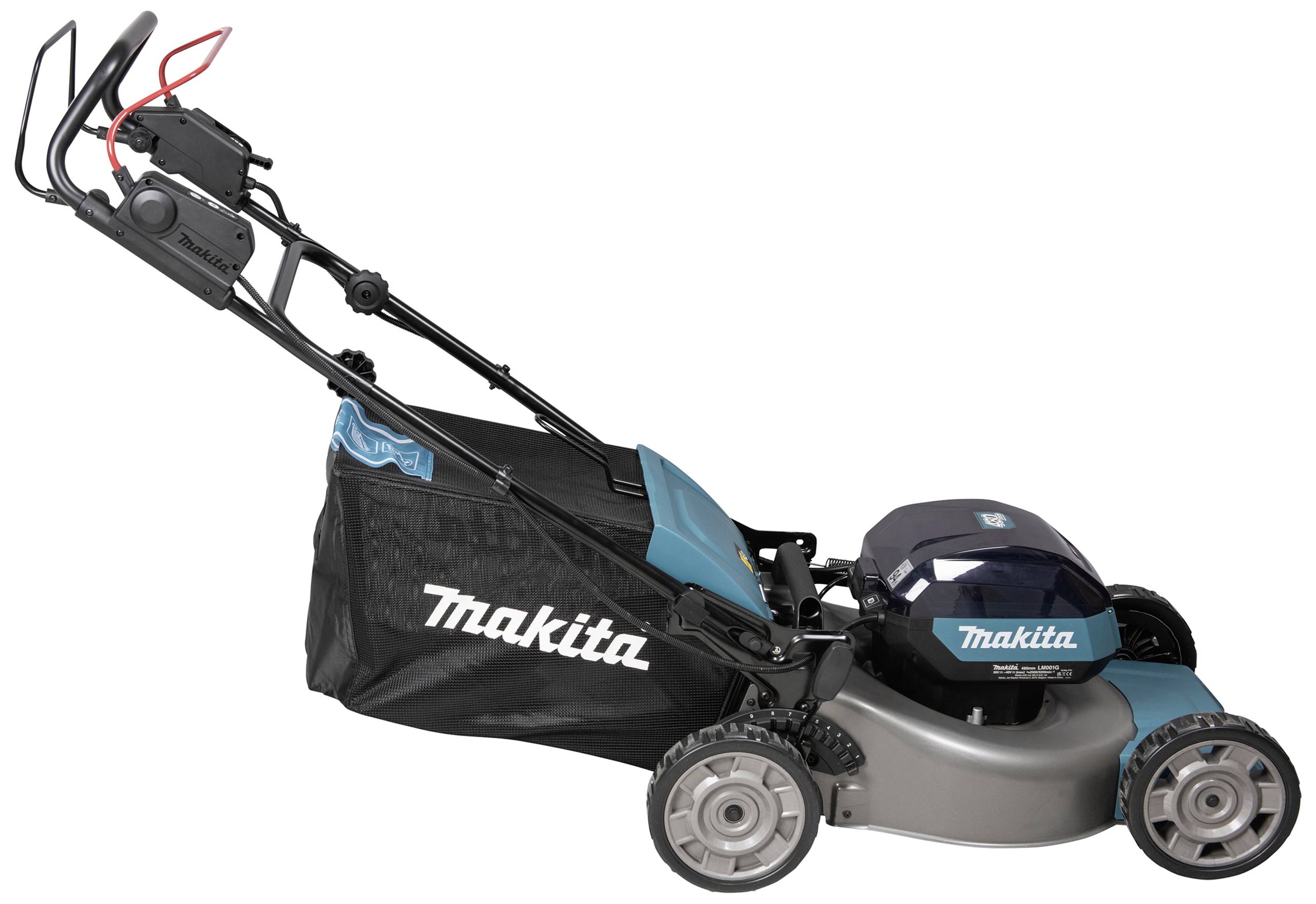 Rasenmäher von Makita in Blau und Schwarz, seitliche Ansicht. Modell mit Grasfangkorb und höhenverstellbarem Griff. Geeignet für mittlere bis große Gärten.
