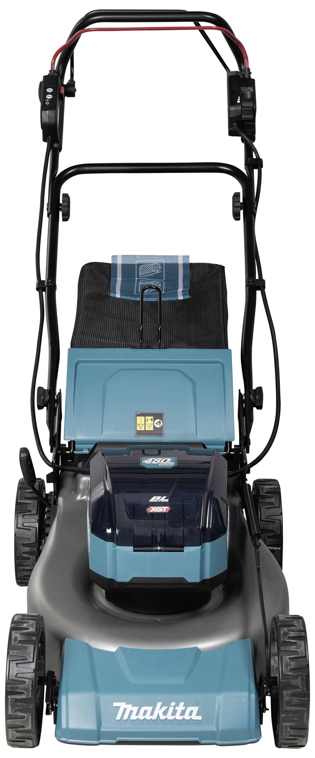 Elektrischer Rasenmäher in blau und schwarz von vorne. Modell von Makita mit großem Grasfangkorb und verstellbarem Griff.