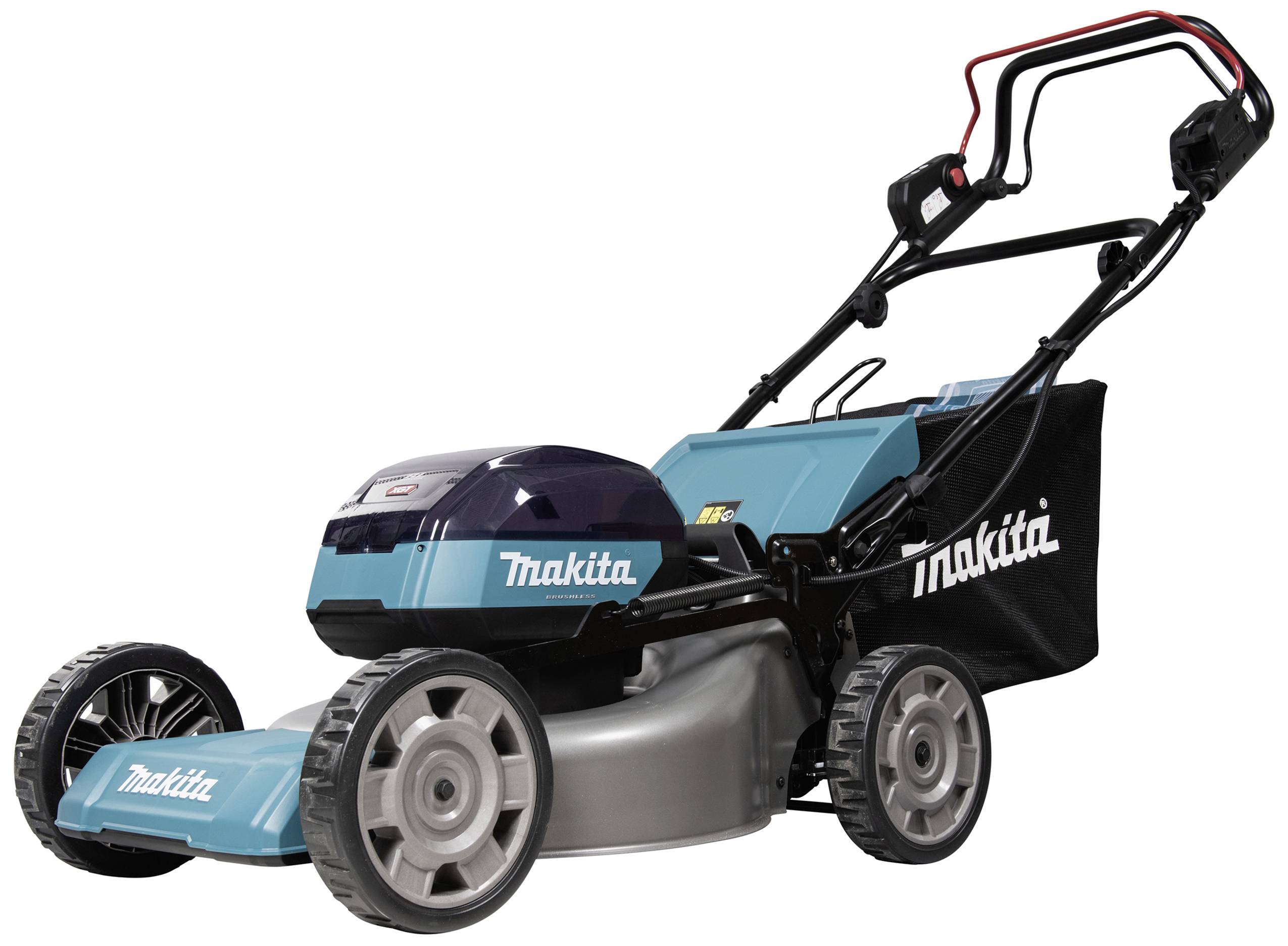 Ein blauer elektrischer Rasenmäher mit schwarzer Fangbox, klappbarem Griff und robusten Rädern, geeignet für mittelgroße Gärten.