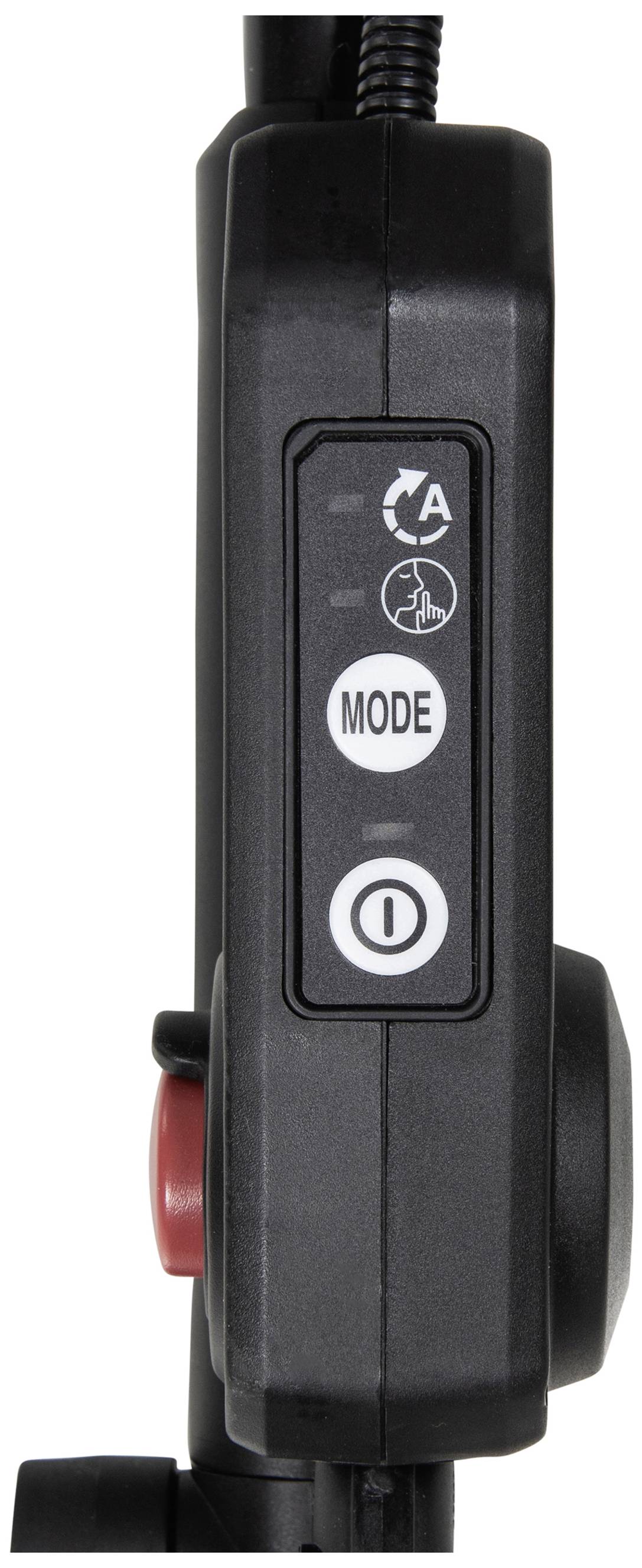 Eine schwarze Steuerkonsole mit Tasten: 'Mode', An/Aus-Schalter, und Recycling-Symbol. Enthalten in rote Umrandung, seitlich montiert.