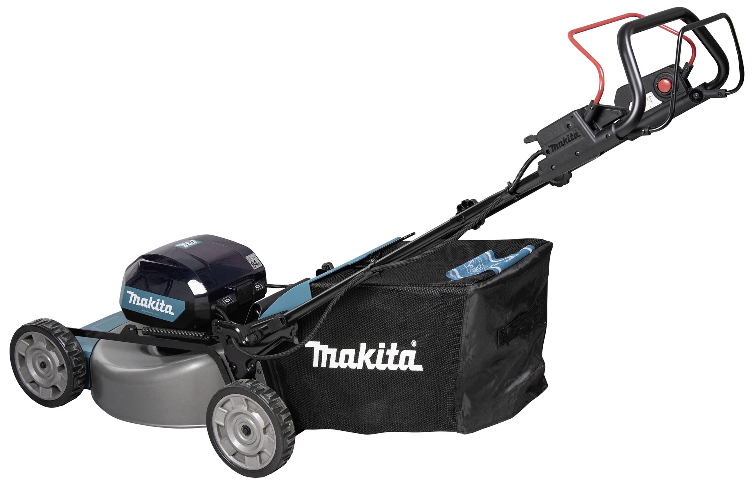 Elektrischer Rasenmäher von Makita mit Fangkorb, schwarz, auf weißem Hintergrund. Klappbarer Griff und vier Räder sichtbar.