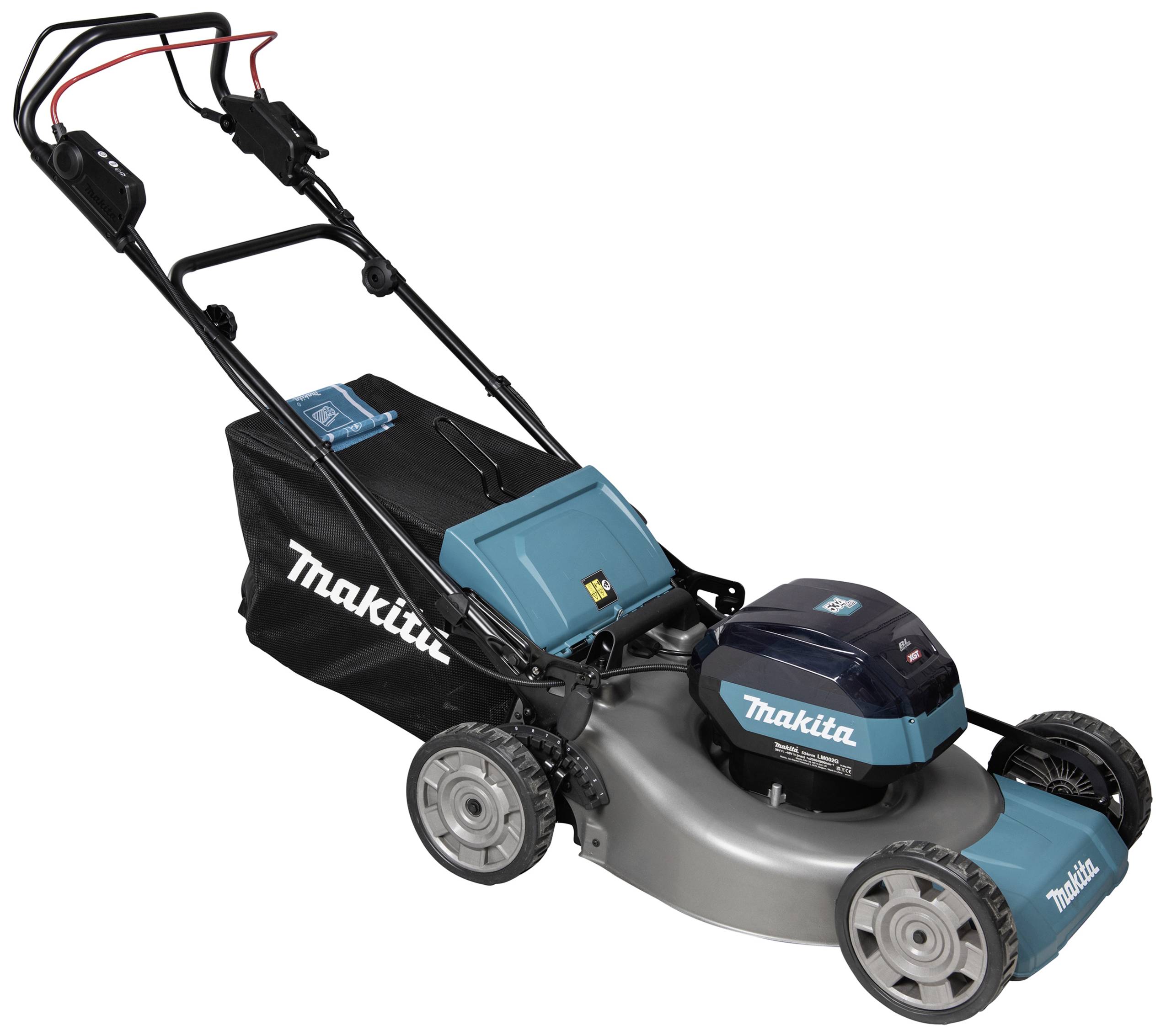 Elektro-Rasenmäher mit blauem Gehäuse, schwarzem Fangkorb und verstellbarem Griff, geeignet für mittelgroße Rasenflächen.