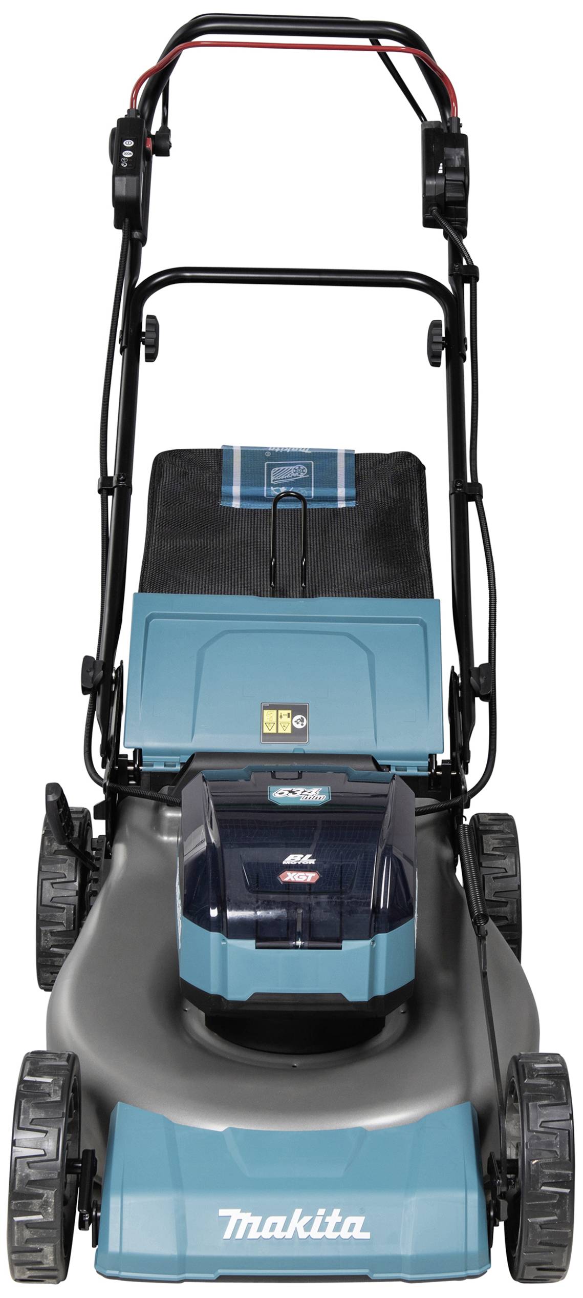 Rasenmäher von vorne, blau-schwarz, mit Akkuantrieb. Vier Räder und Griff sichtbar. Markiert mit 'Makita'.