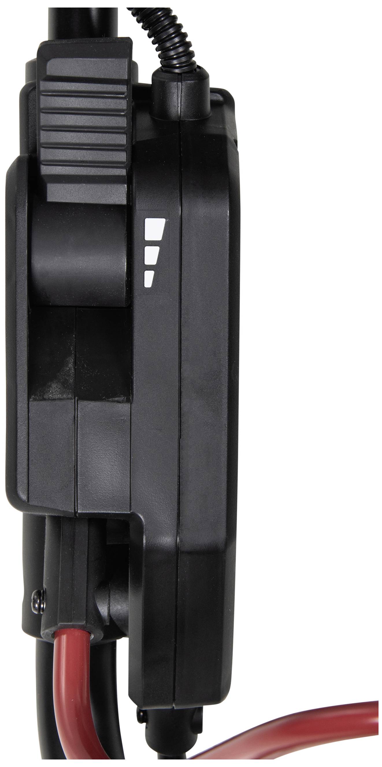 Schwarzes elektronisches Gerät mit Kabeln, seitliche Ansicht. Enthält Bedienelemente und Symbolmarkierungen.