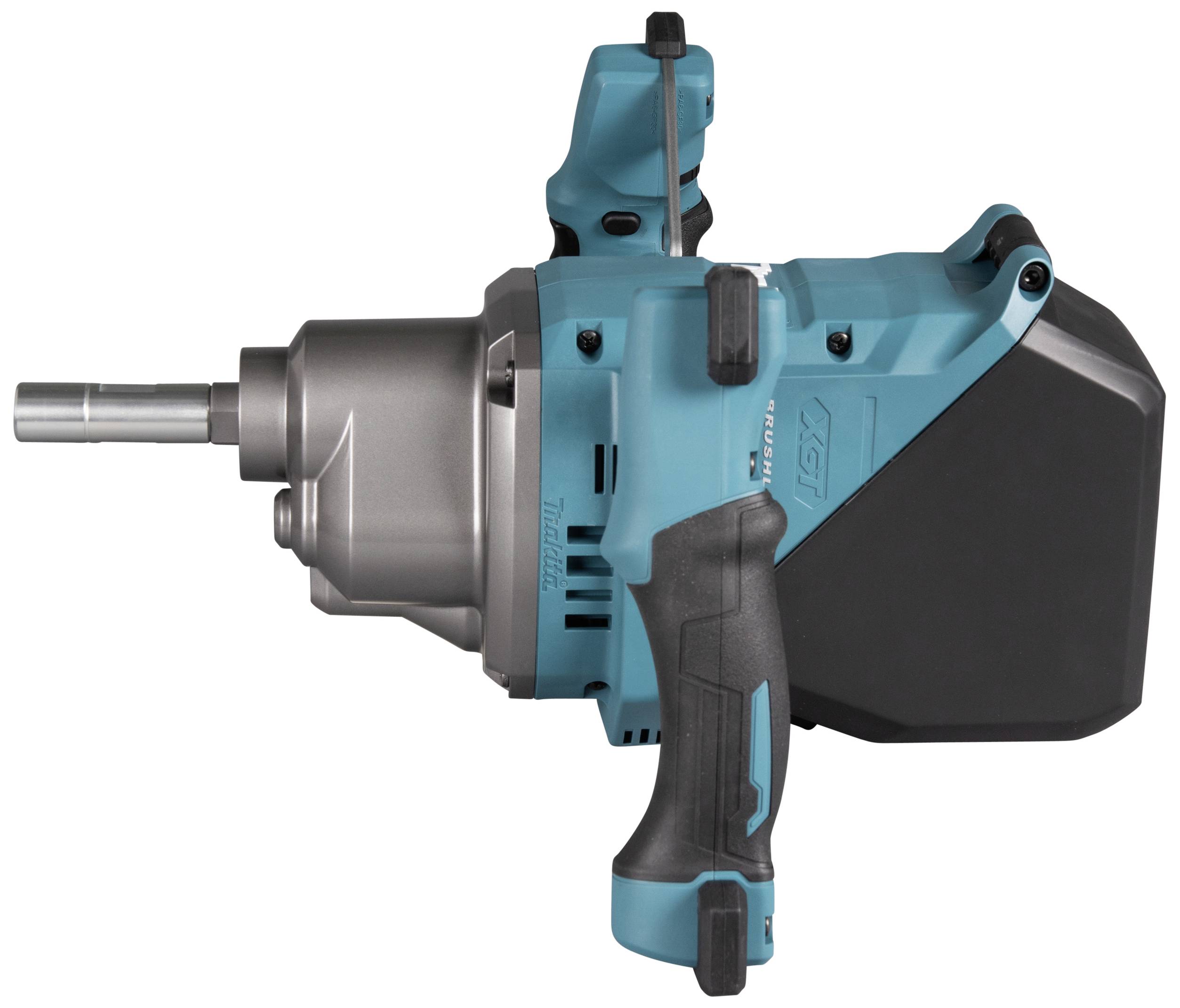 Ein blau-schwarzer Elektrischer Mörtelrührer mit ergonomischem Griff, seitlich abgebildet.
