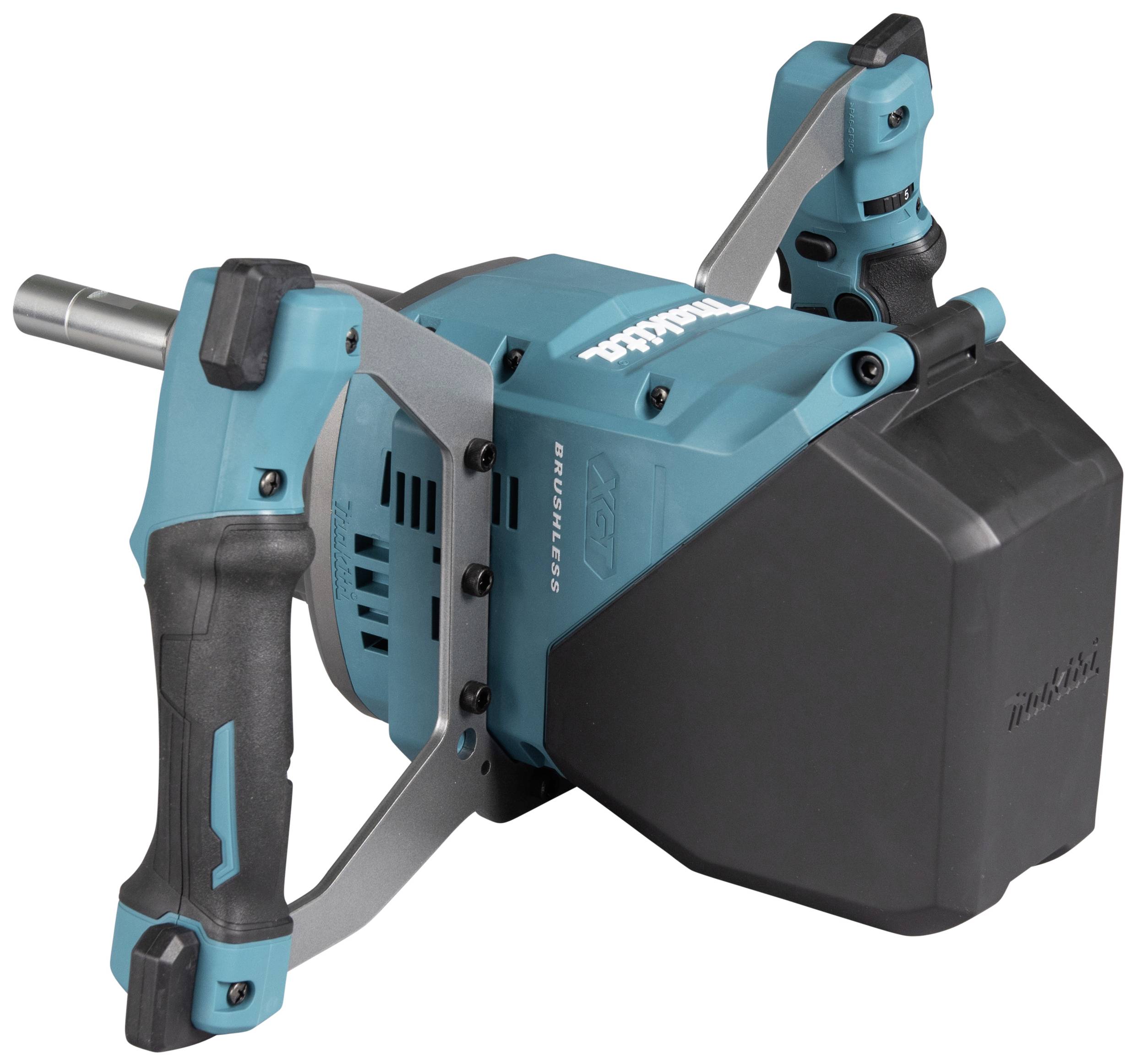 Ein elektrisches Mischgerät mit blau-schwarzem Gehäuse, zwei Griffen und robustem Design. Ideal zum Mischen von Farben oder Mörtel.