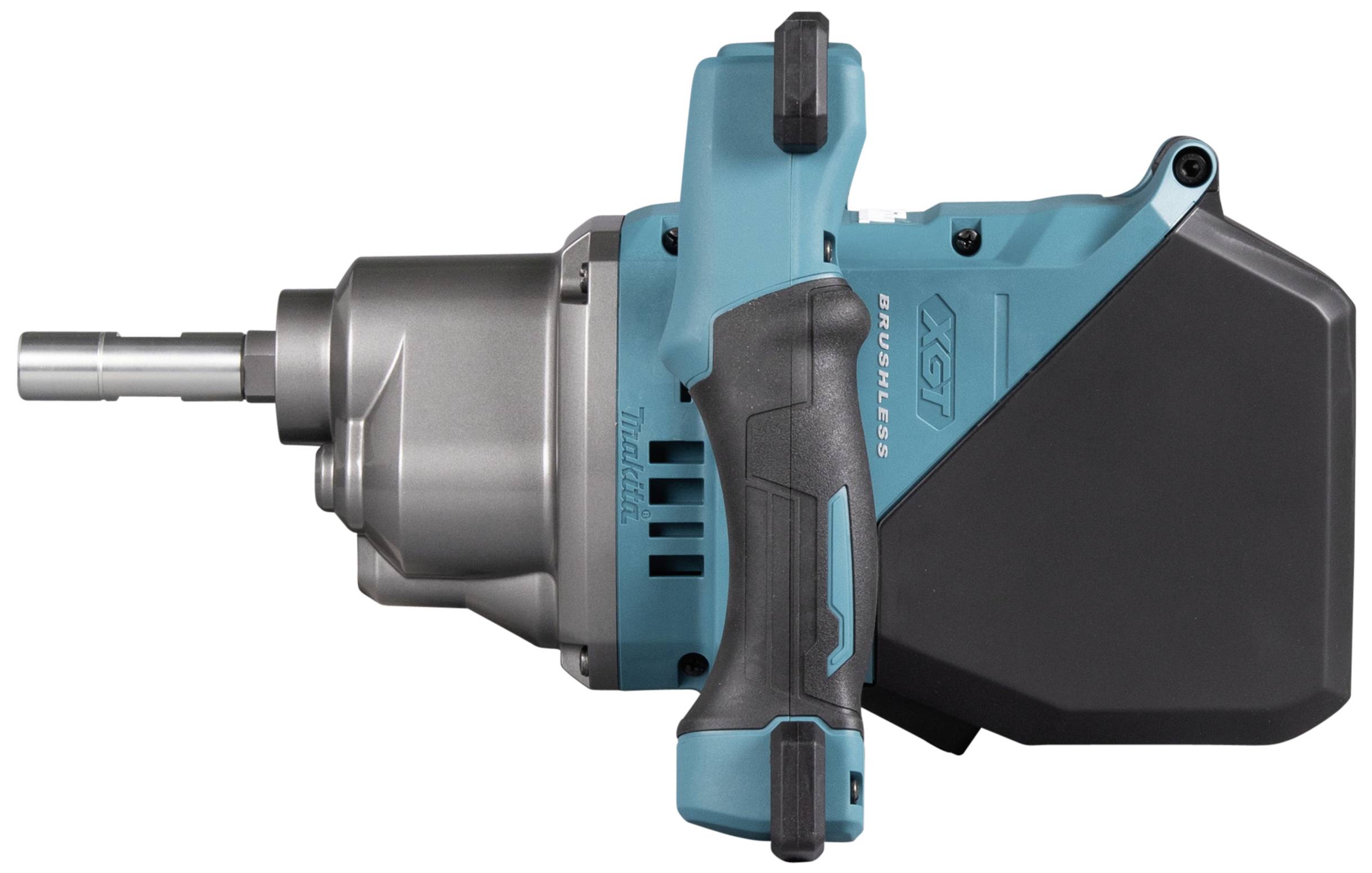 Ein blau-schwarzer, kabelloser Akkuschlagschrauber mit einem ergonomischen Griff und Brushless-Motor, seitliche Ansicht.