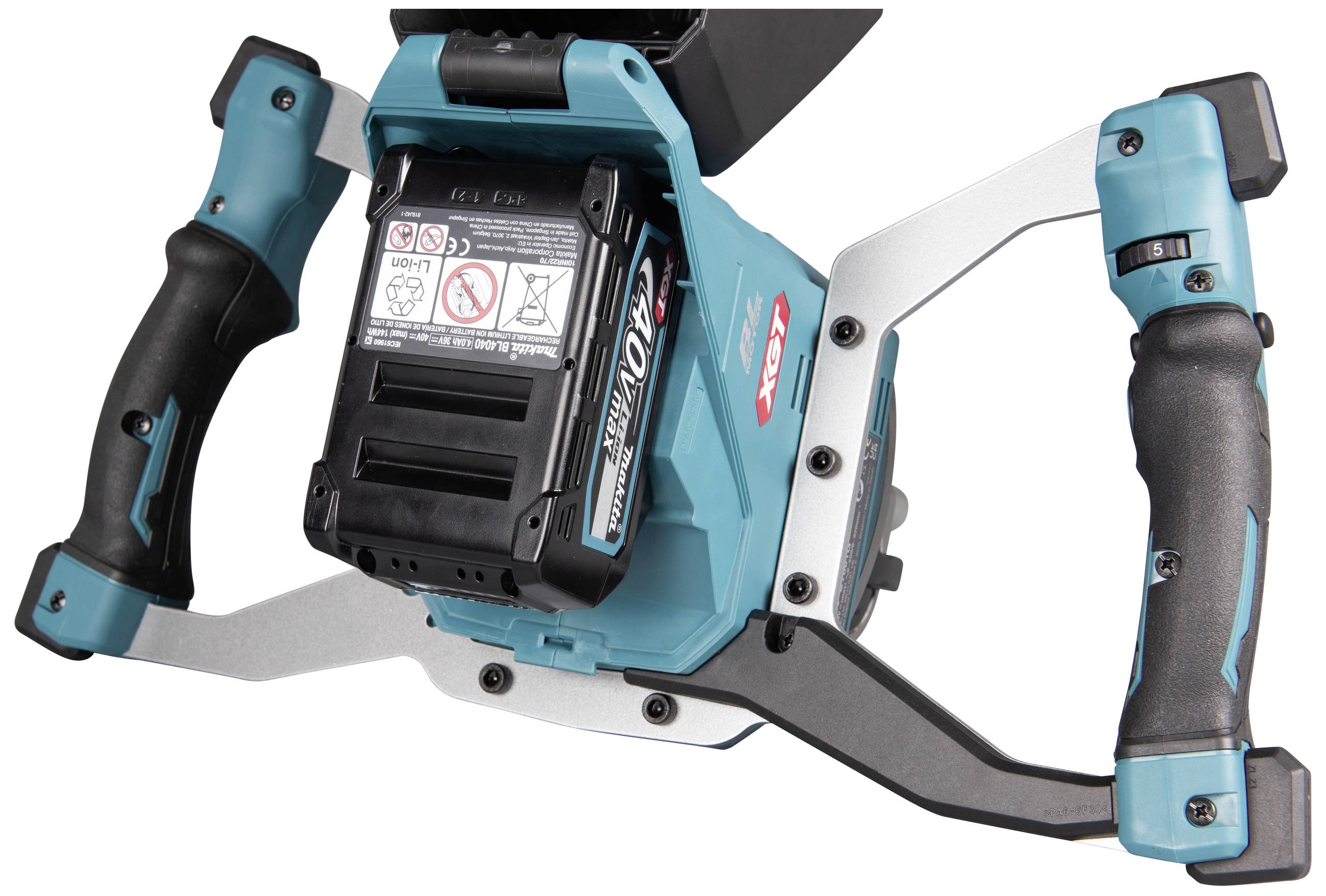 Nahaufnahme einer elektrischen Handbohrmaschine mit ergonomischen Griffen und einer Batterieeinheit in der Mitte.