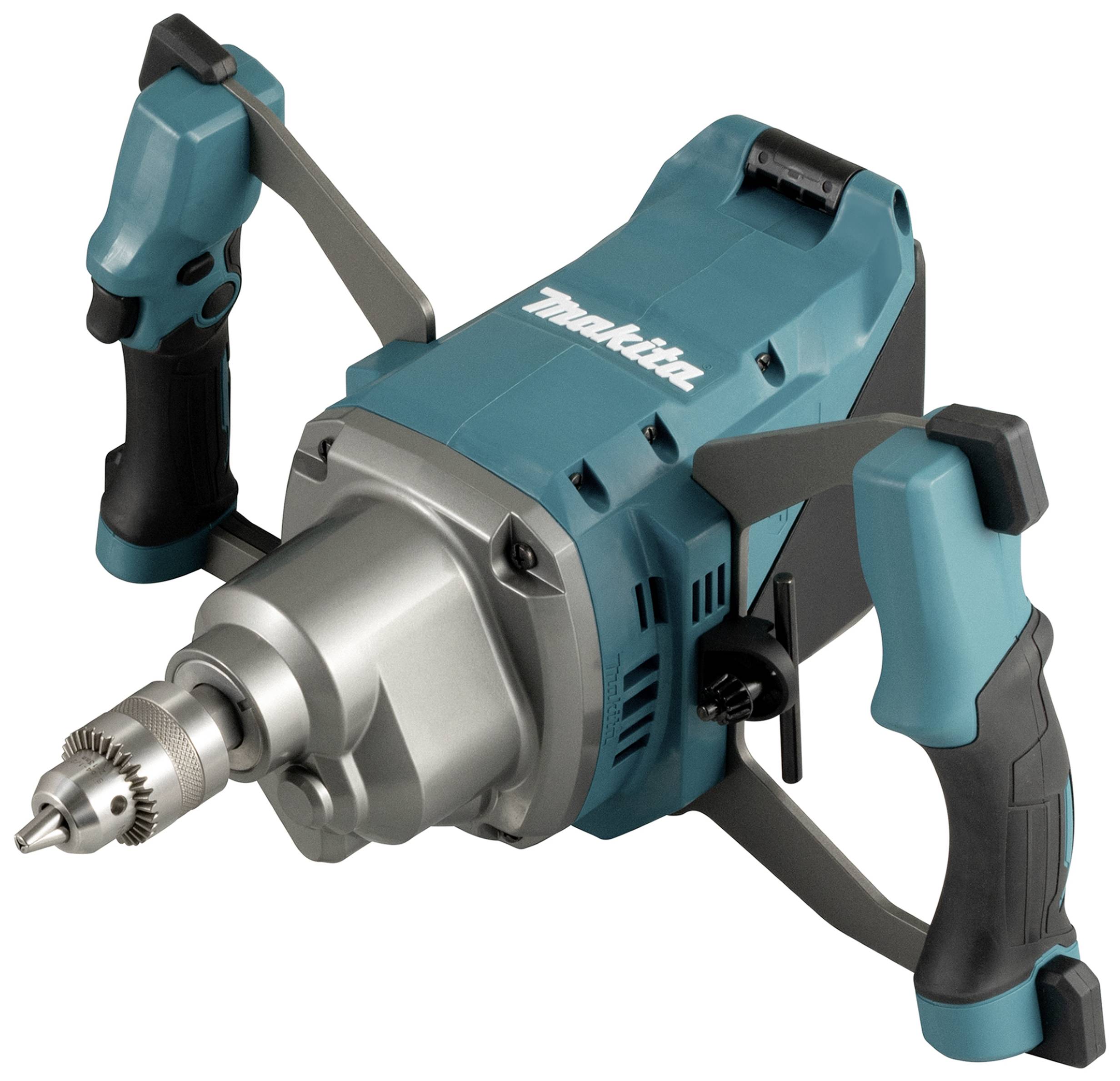 Elektrische Bohrmaschine mit zwei Griffen. Hauptfarbe ist blau mit schwarzen Akzenten.