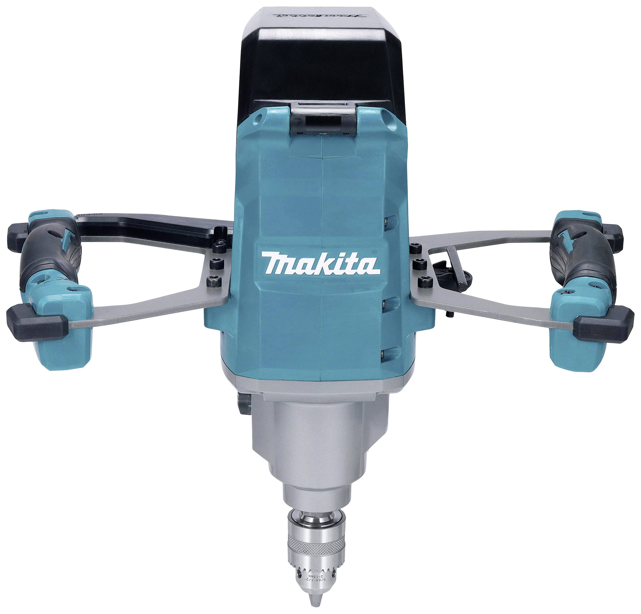 Ein blau-schwarzes Elektrowerkzeug mit zwei seitlichen Griffen, vermutlich ein Bohrhammer, mit dem Markennamen 'Makita'.