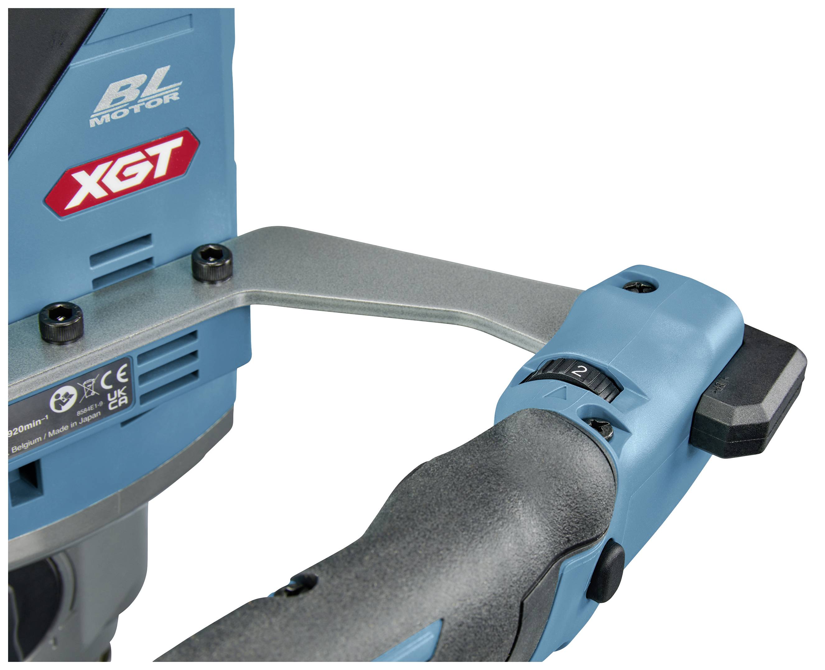 Ein blauer Elektrowerkzeuggriff mit rot-weißer 'XGT'-Markierung und grauem Metallbügel. Links ein 'BL MOTOR'-Logo.