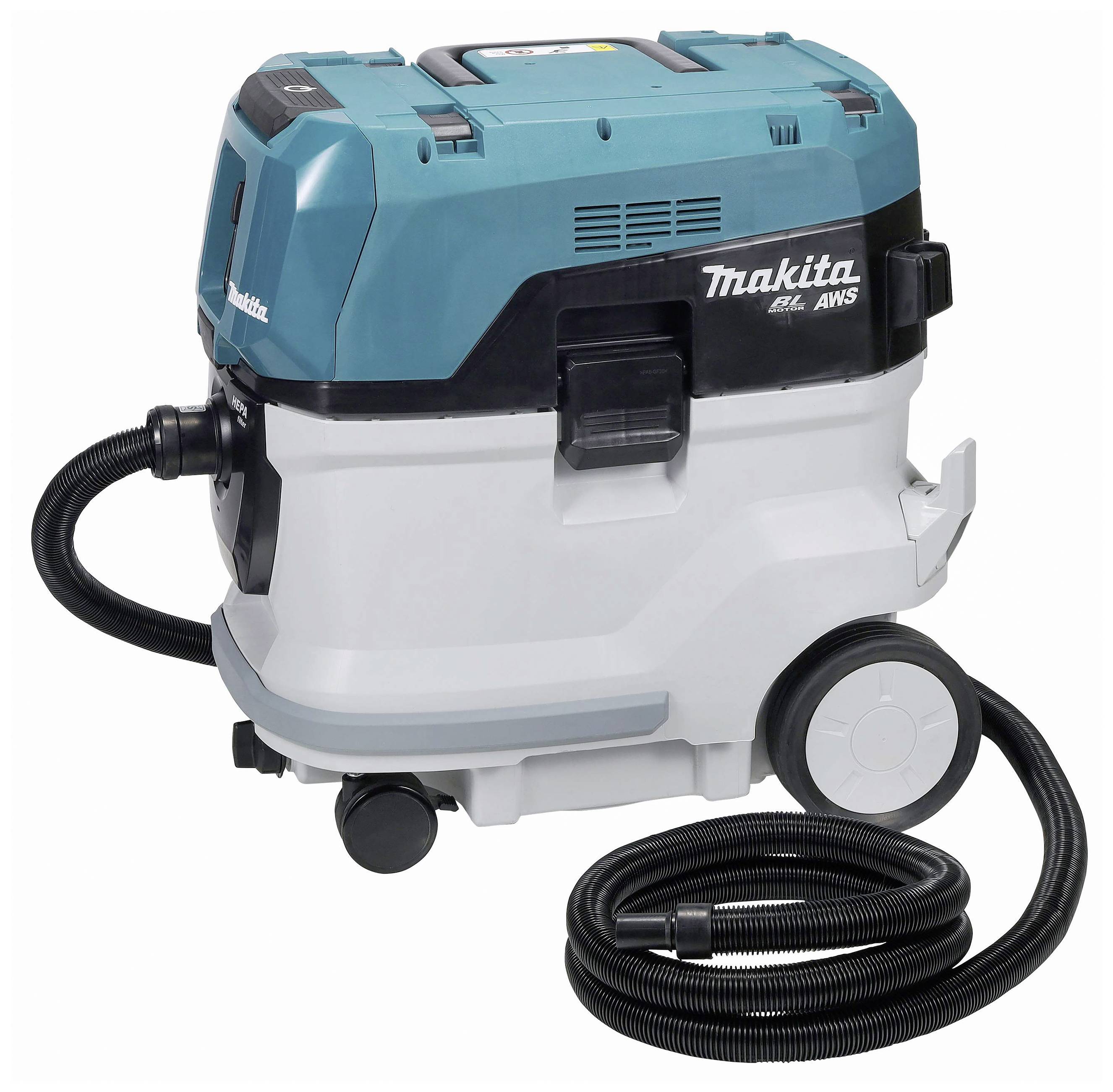 Ein blau-weißer Industriesauger mit Rädern und einem flexiblen Saugschlauch. Markiert mit dem Logo 'Makita'.