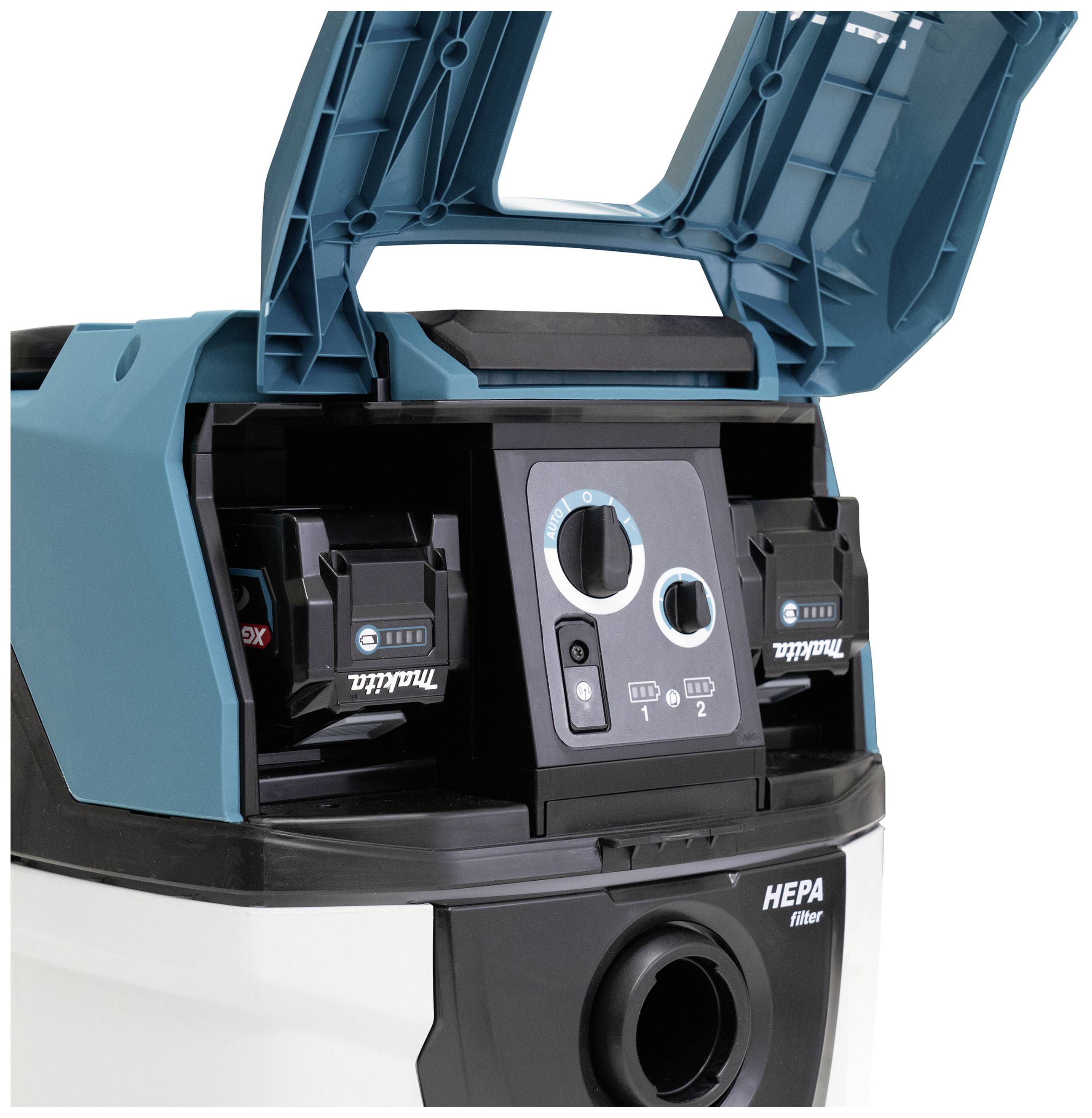 Ein Staubsauger mit offenem Deckel, zwei Ladefächer mit Batterien, Bedienfeld mit Drehregler und HEPA-Filtersystem.