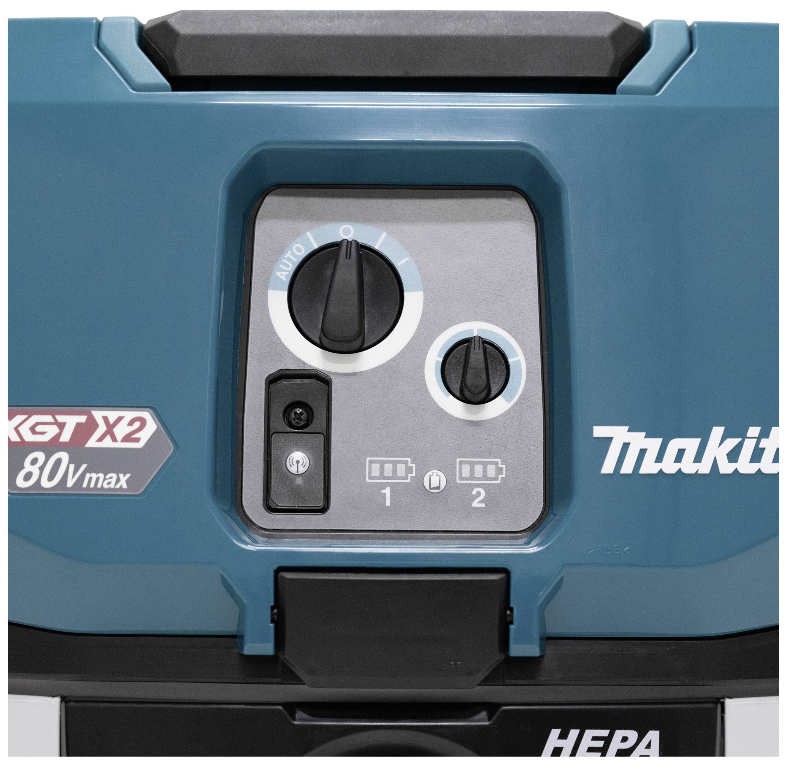 Steuerelemente eines industriellen Gerätes mit zwei Drehknöpfen, Schalter und Ladezustandsanzeige. Marke und Modell sind zu sehen.