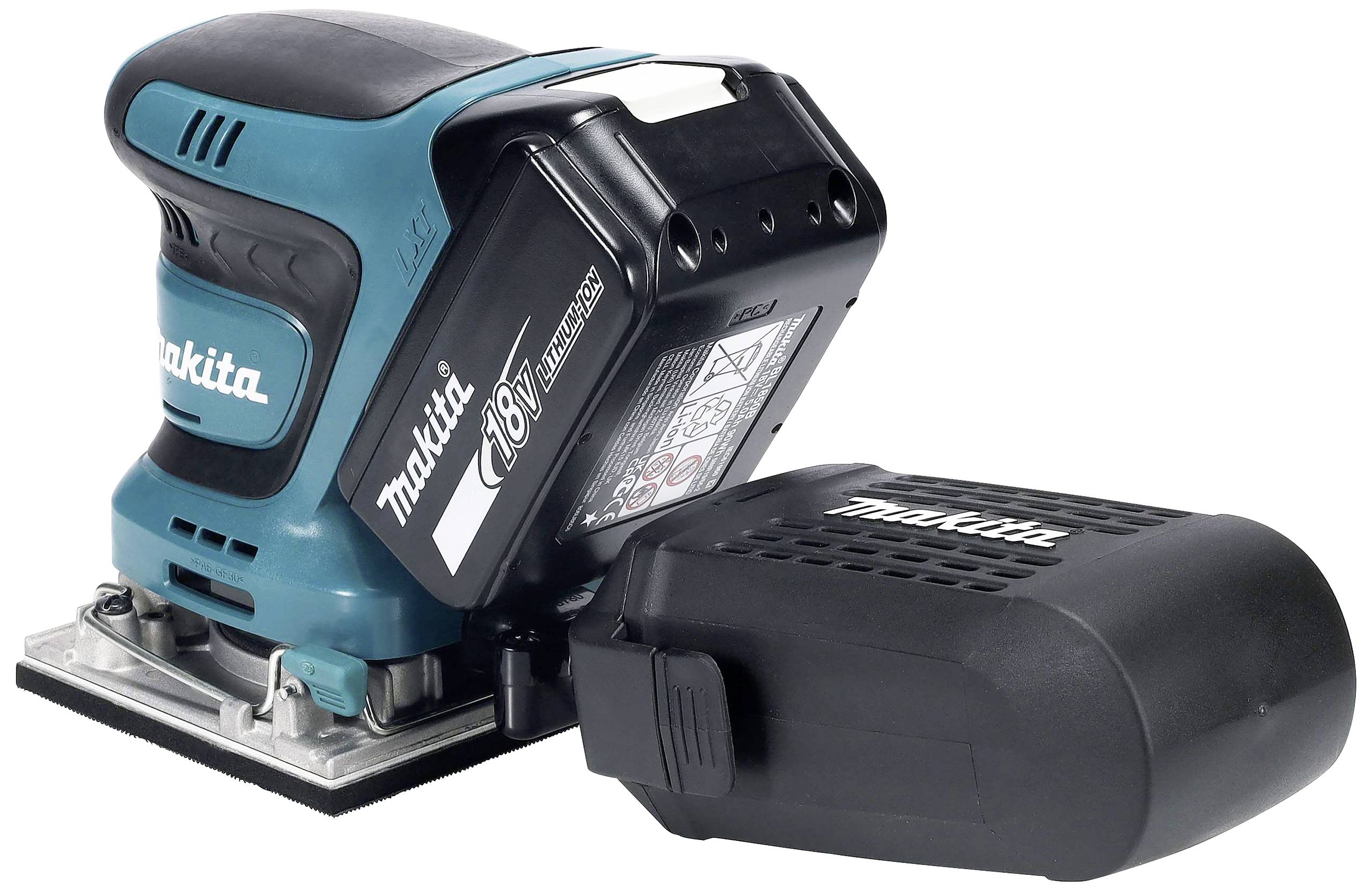 Ein kabelloser Schwingschleifer in Blau und Schwarz mit der Aufschrift 'Makita' auf dem Gehäuse und entfernbarer Staubbox.