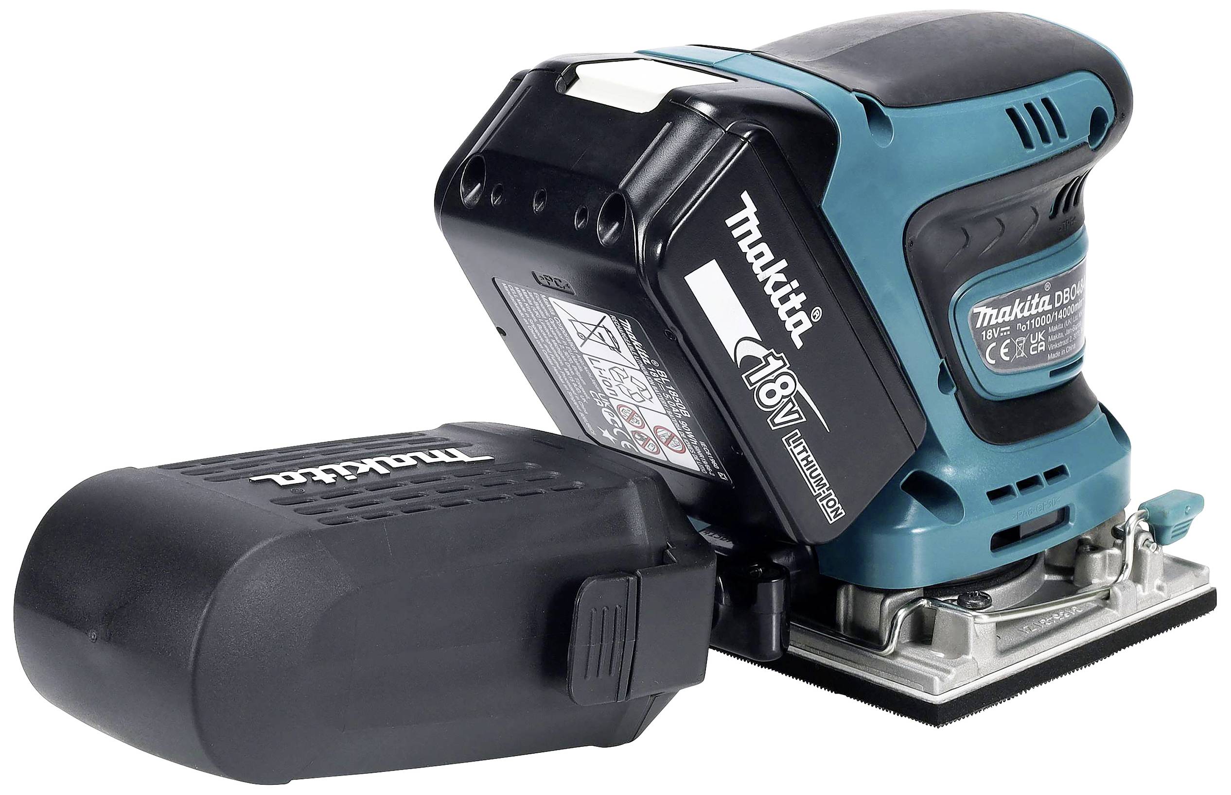 Akku-Schleifmaschine mit Rechteck-Schleifplatte in schwarz und blau. Gerät hat ein Etikett und eine Batterievorrichtung.