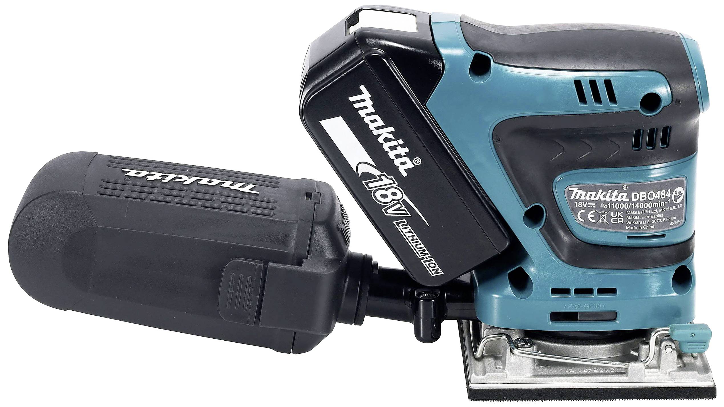 Ein blauer und schwarzer Elektroschleifer mit 18V-Batterie und Staubauffangbehälter, geeignet für Holz- und Oberflächenbearbeitung.