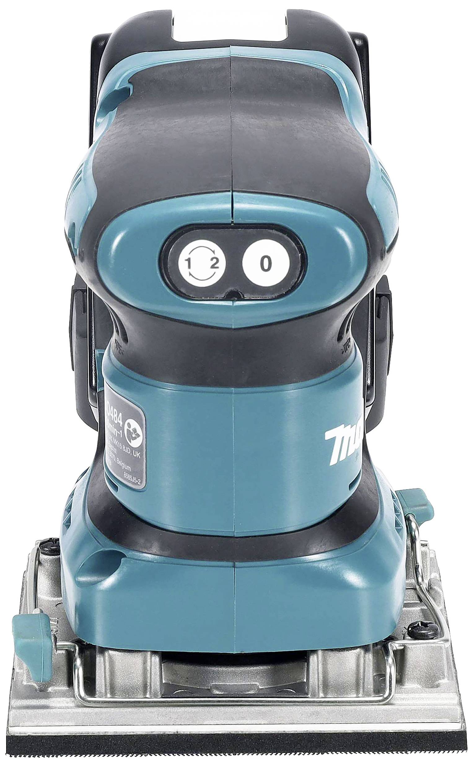 Ein elektrischer Handschleifer mit blauem Gehäuse, zwei Schaltknöpfen und abnehmbarem Schleifpad, geeignet für Holzarbeiten.