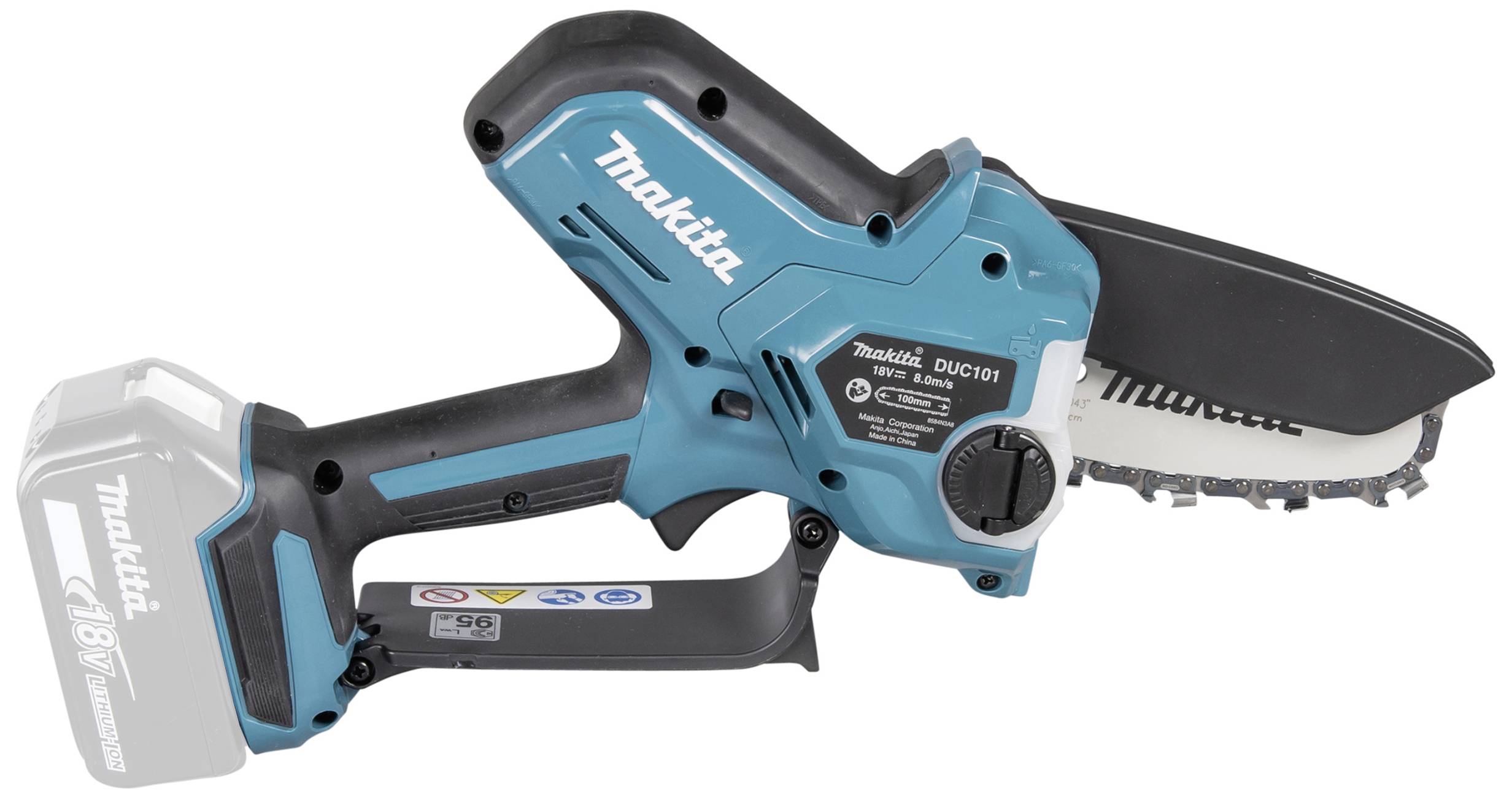 Tragbare Akku-Motorsäge in Blau mit Batteriefach, die kompakt und handlich wirkt. Sie ist geeignet für leichte Schneidarbeiten im Garten.