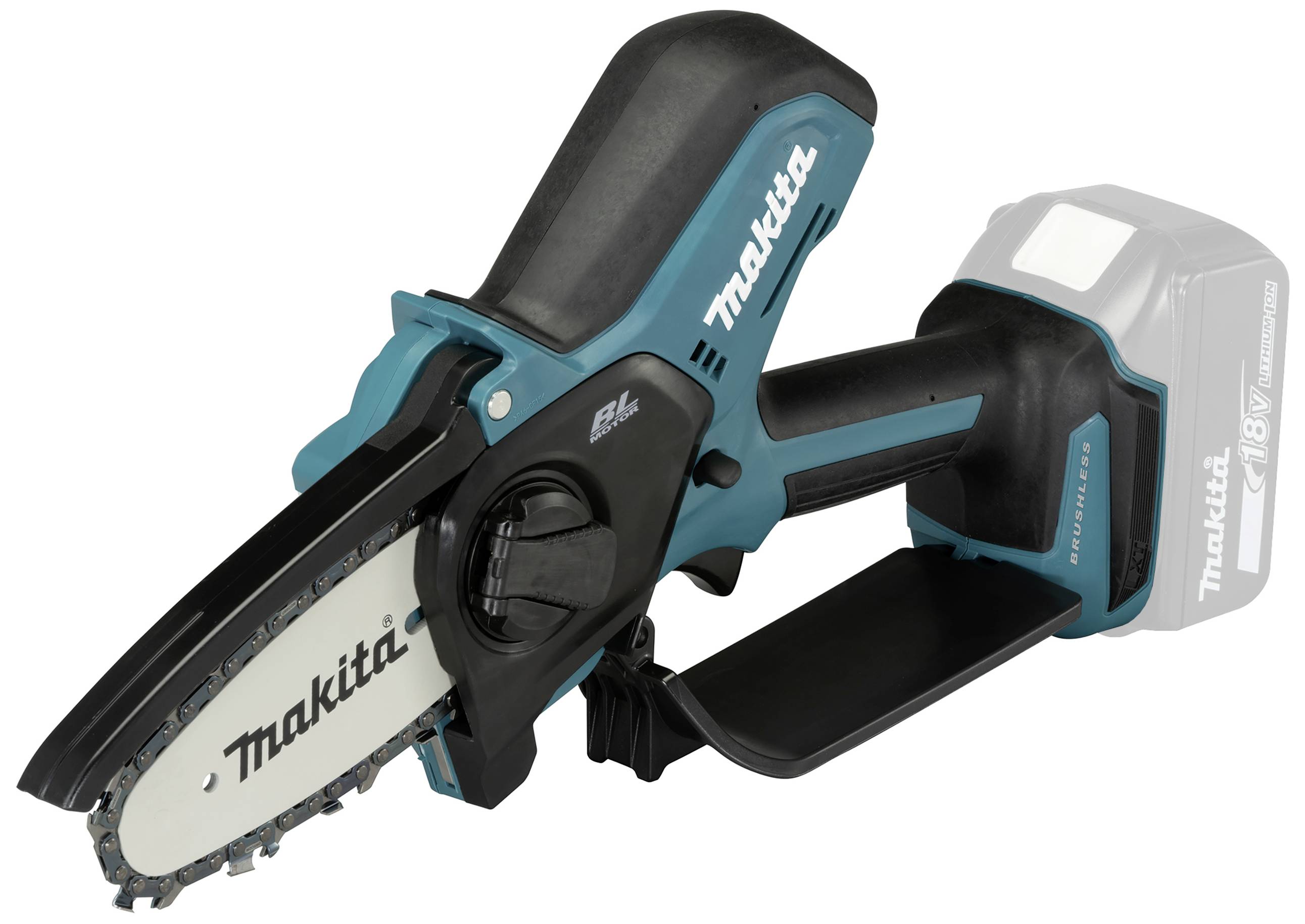 Kleine, kabellose Kettensäge in Schwarz und Türkis mit Makita-Logo. Ideal für schnelle, einfache Sägearbeiten.