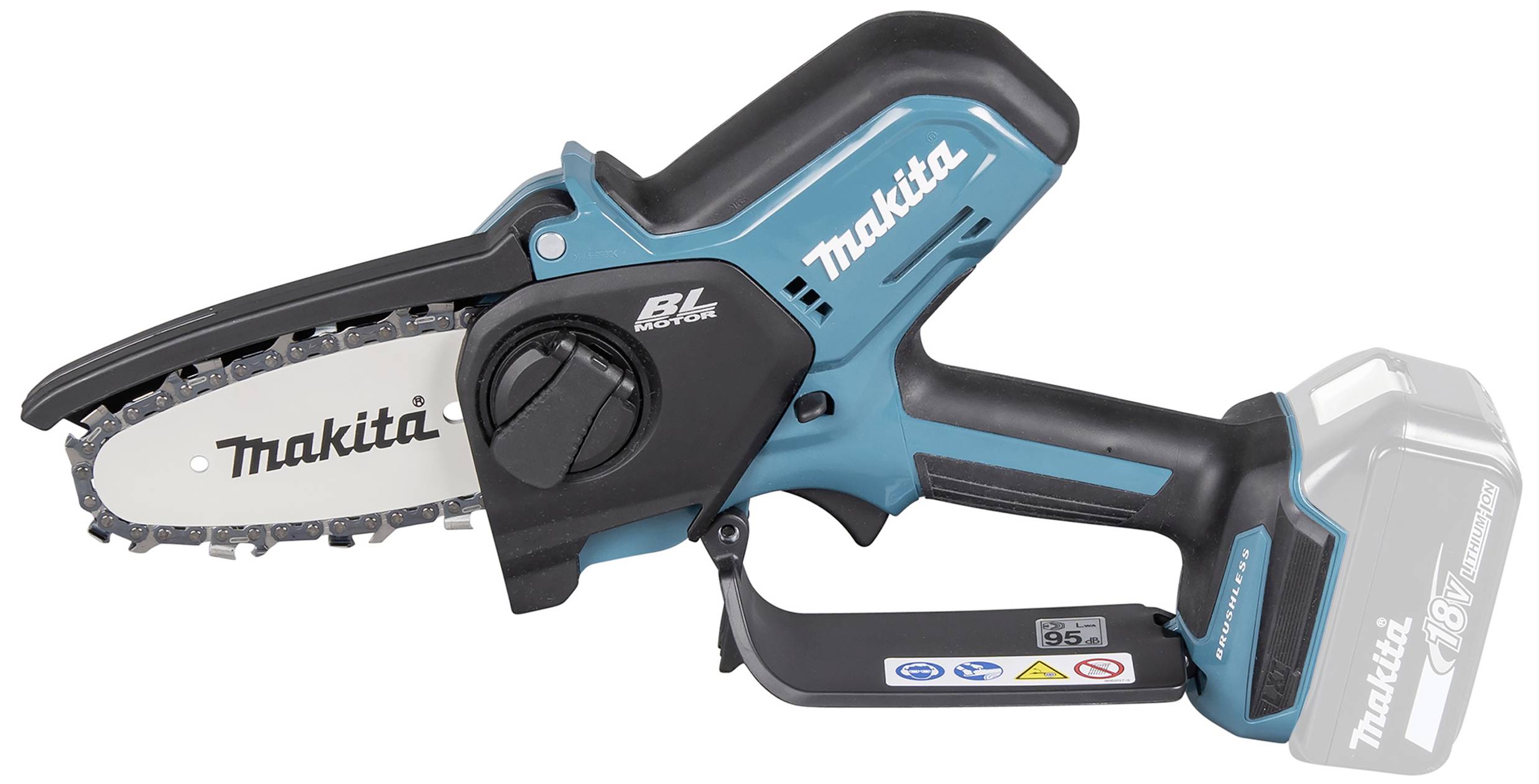 Eine kompakte, blaue Akku-Kettensäge mit Makita-Logo, softgebogenem Griff und 18V Akku. Geeignet für kleine Schneidarbeiten im Garten.