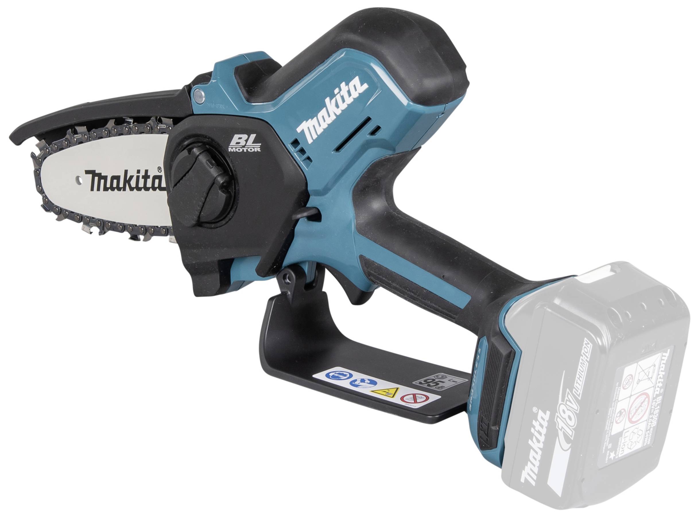 Eine kabellose Makita-Kettensäge mit kompaktem Design, geeignet für leichte Schneidarbeiten. Sie ist mit einem BL Motor ausgestattet.