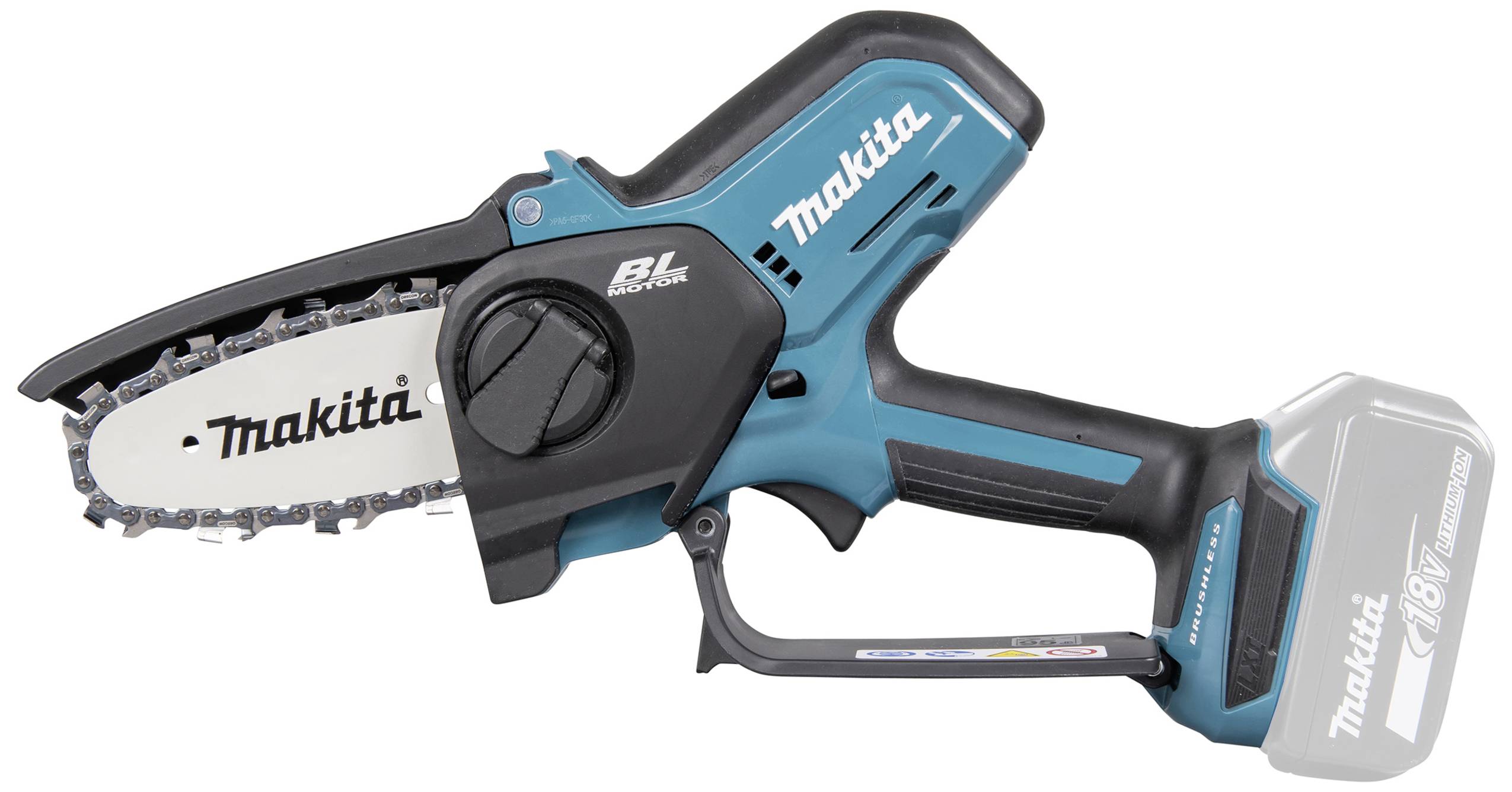 Akkubetriebene Kettensäge, Marke Makita, Modell 18V, in Blau und Schwarz. Geeignet für leichte bis mittlere Schneidearbeiten.