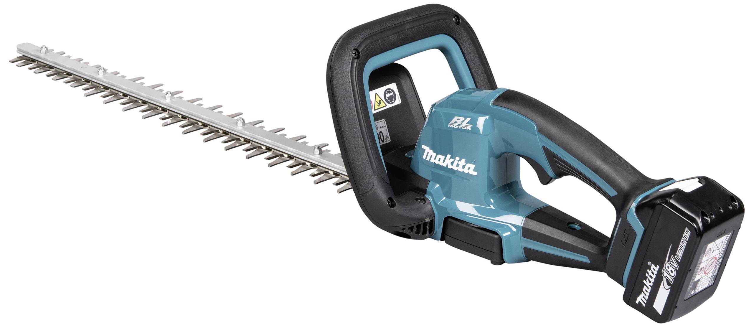 Akkubetriebene Heckenschere mit blau-schwarzem Design und langem Messer, ideal zum Schneiden und Trimmen von Hecken.
