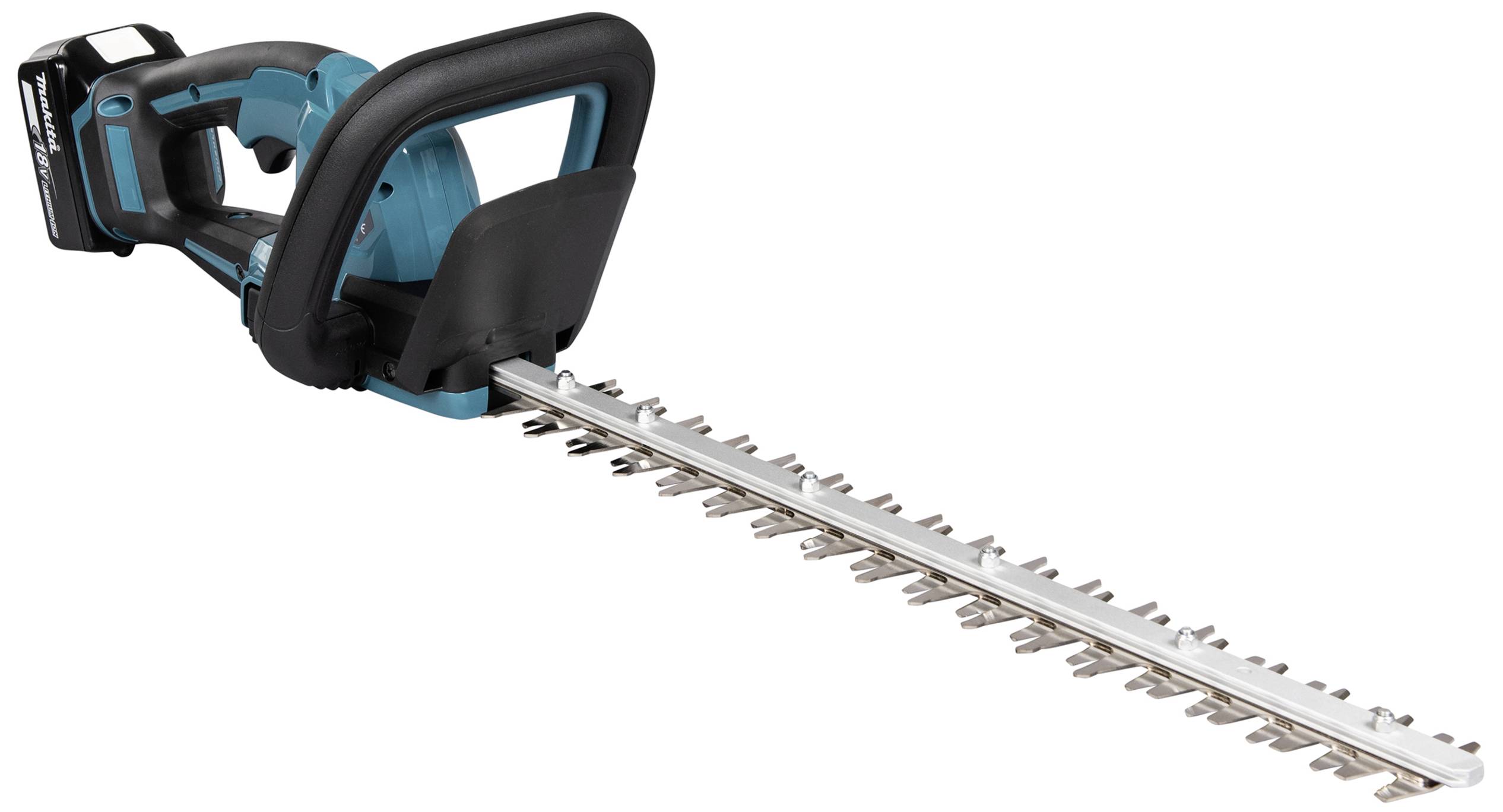 Akku-Heckenschere mit ergonomischem Griff und langem Schneideblatt, geeignet zum Trimmen von Hecken und Sträuchern im Garten.