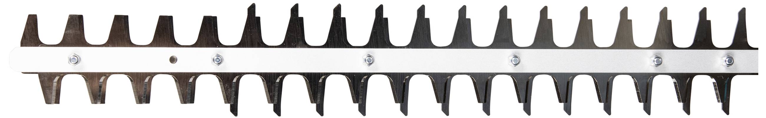 Schwarz-graue Heckenscherenklinge mit gezahnten Kanten, horizontal ausgerichtet und symmetrisch entlang einer Metallleiste befestigt.