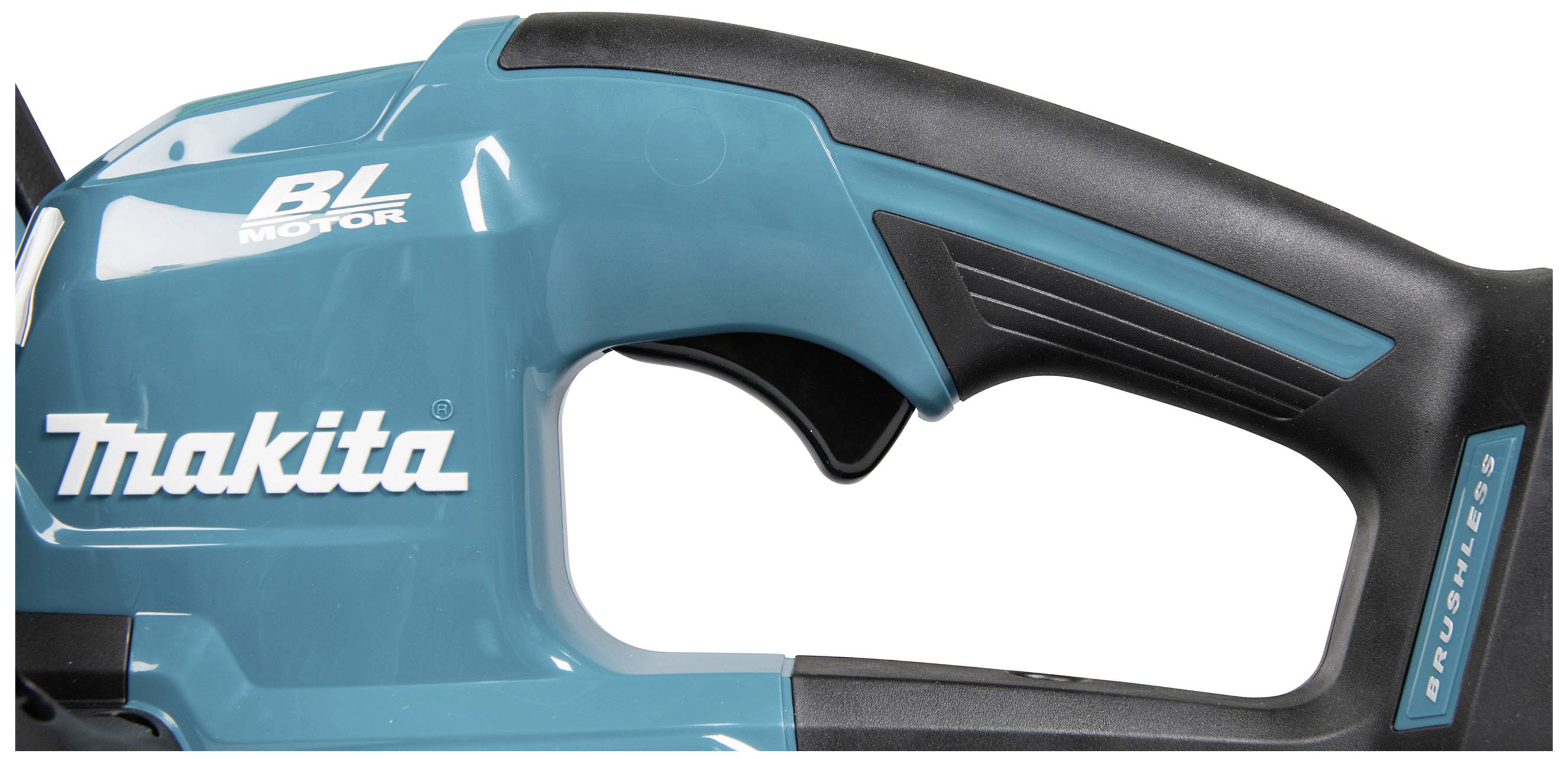 Ein blauer Elektro-Werkzeuggriff mit schwarzem und grauem Akzent, darauf 'BL MOTOR' und 'BRUSHLESS' aufgedruckt.