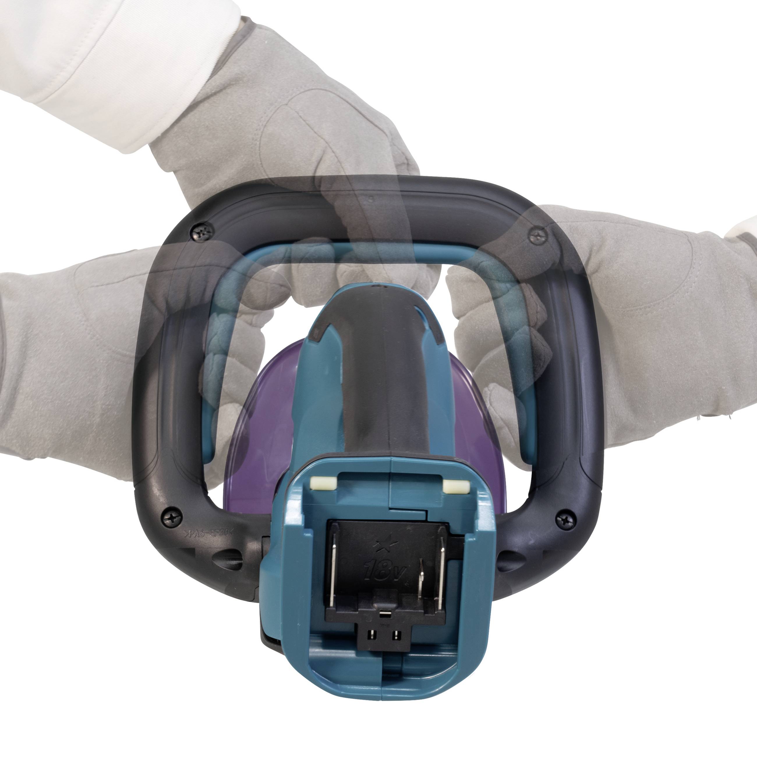 Zwei Hände in grauen Handschuhen halten ein Elektrogerät mit blauem Gehäuse und schwarzem Griff. Das Gerät scheint Pflanzarbeiten zu unterstützen.