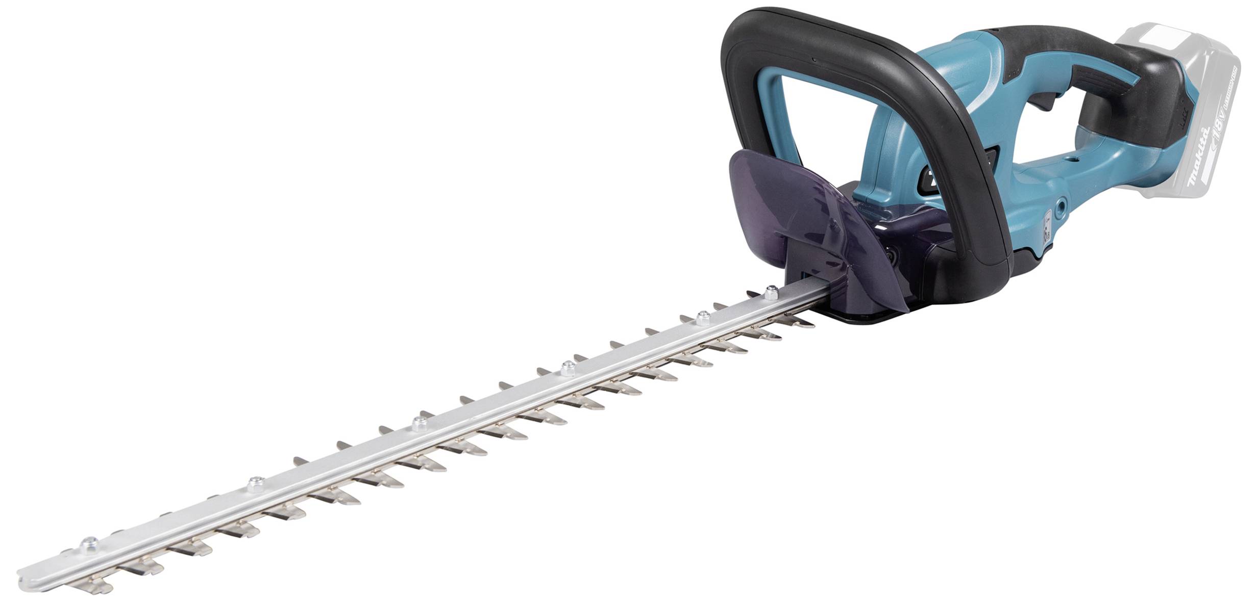 Eine kabellose Heckenschere mit blauem und schwarzem Gehäuse, langem Metallschneidblatt und ergonomischem Griff.