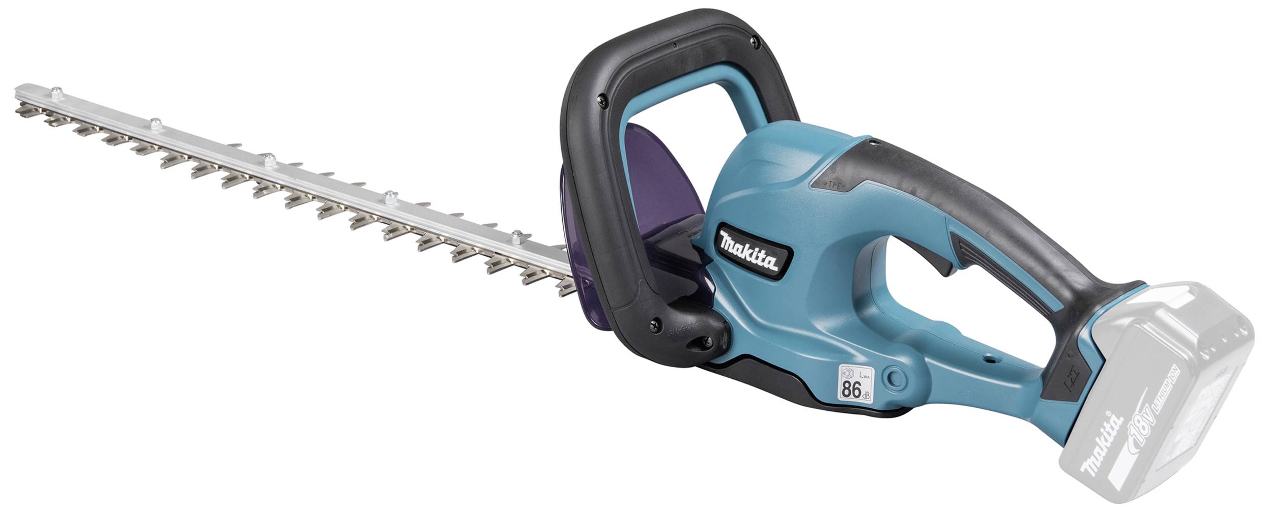 Elektrische Heckenschere mit blauem Gehäuse und schwarzem Griff, ohne eingesteckten Akku. Geeignet für Gartenarbeiten.