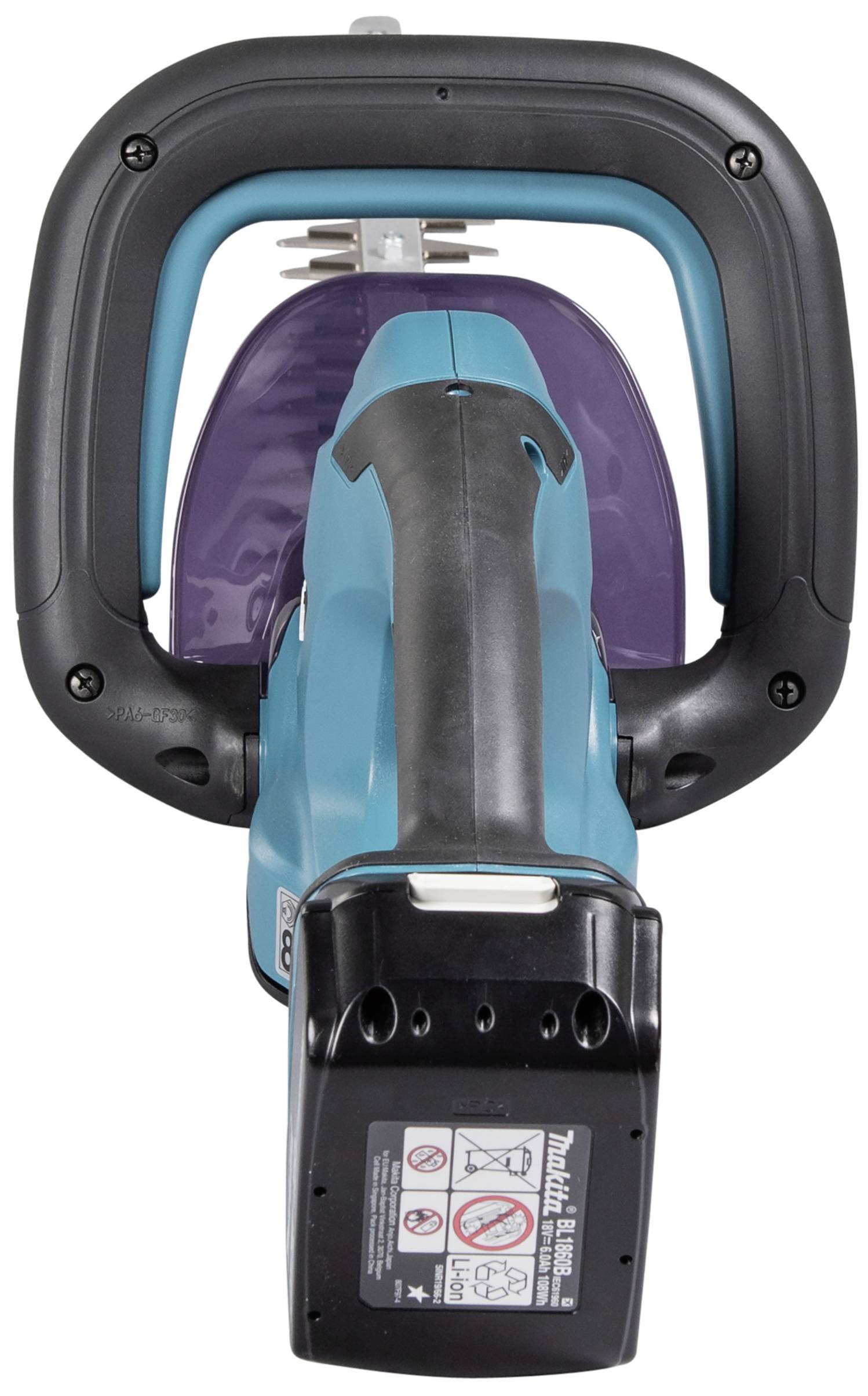 Eine elektrische Heckenschere mit blauen und schwarzen Griffen, Markierungsetikett und Sicherheitswarnungen am Gehäuse.