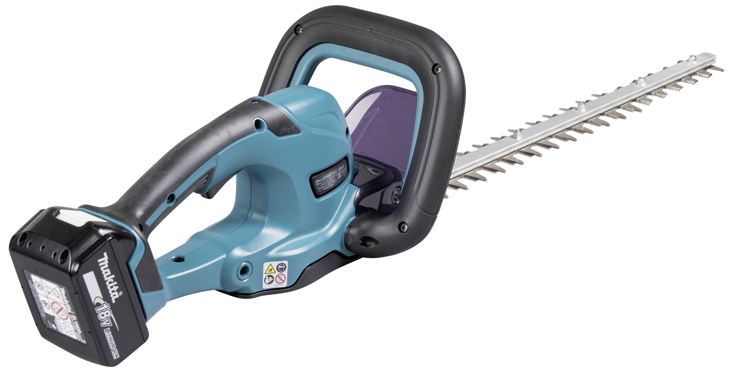 Akku-Heckenschere in blauer und schwarzer Farbe, mit ergonomischem Griff und langem Schneidemesser.