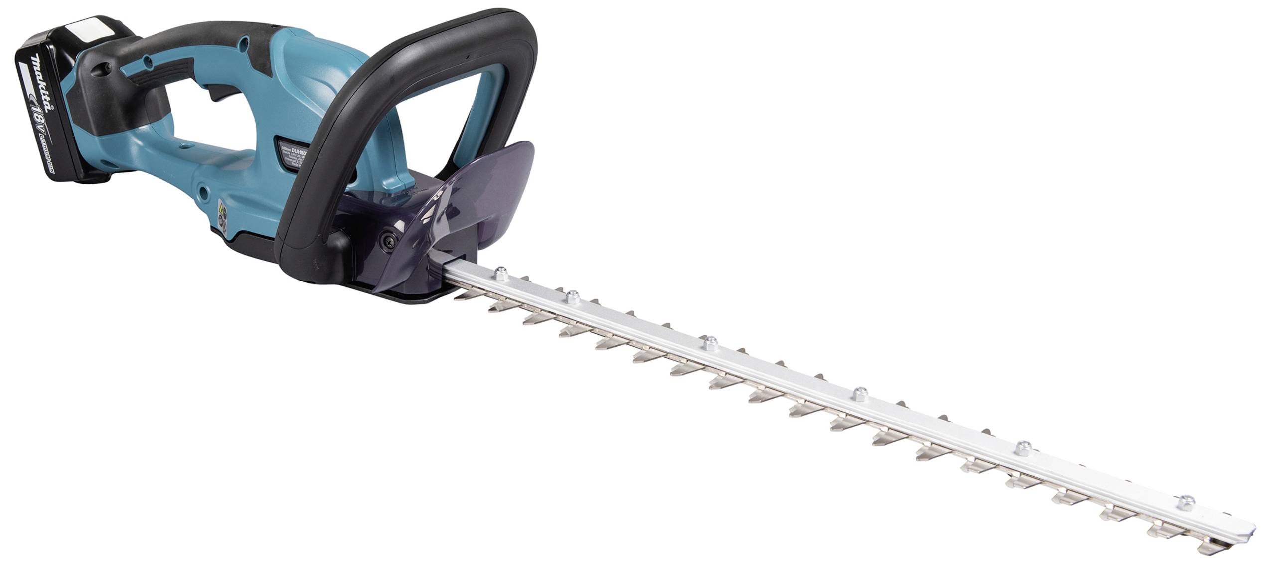 Kabellose Heckenschere mit blauem Griff und schwarzem Schutzschild, geeignet für das Schneiden von Hecken und Sträuchern im Garten.