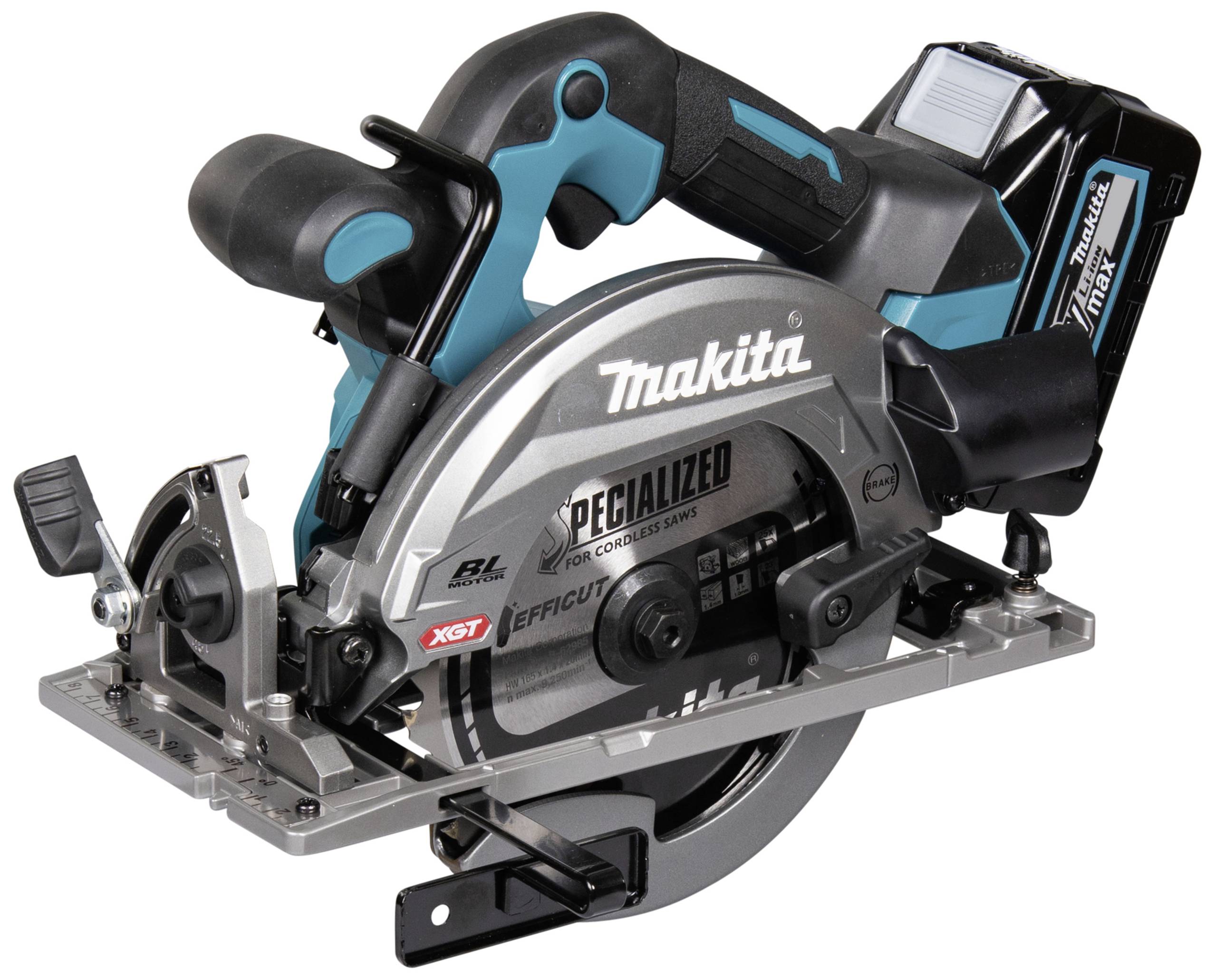 Akku-Handkreissäge von Makita, Modell XGT, auf weißem Hintergrund. Die Säge ist kabellos und verfügt über ein robustes Design.