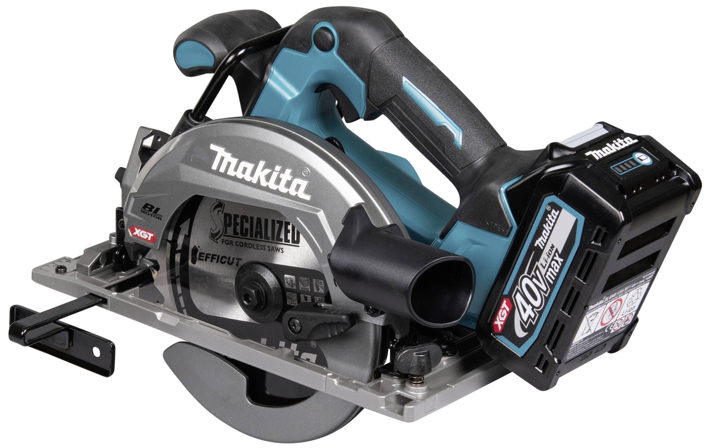 Akkubetriebene Handkreissäge von Makita mit 40V, Metallklinge und ergonomischem Griff. Eignet sich für präzise Holzzuschnitte.