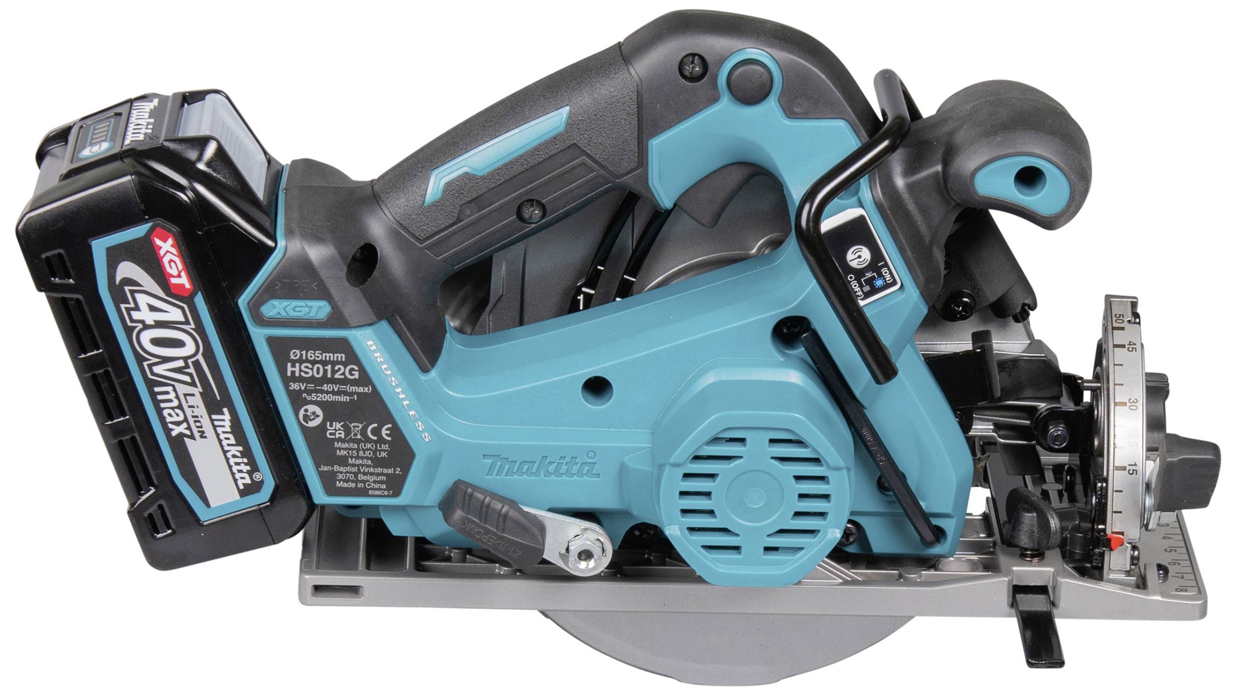 Akku-Handkreissäge mit blauem Gehäuse und schwarzem Griff. Modellbezeichnung 'HS012G' und '40V max' auf dem Gehäuse zu sehen.